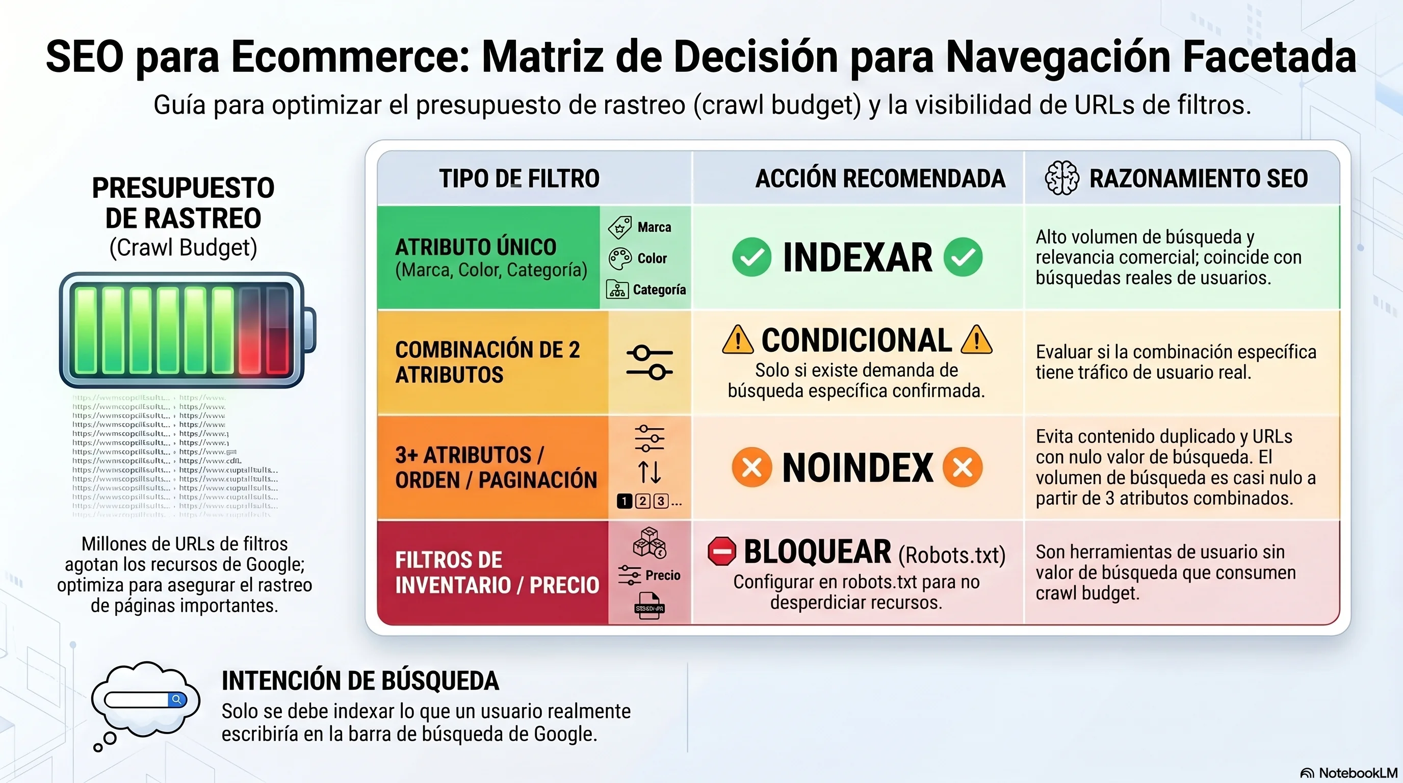 Matriz de decisiones SEO ecommerce — tratamiento de navegación facetada por tipo de faceta