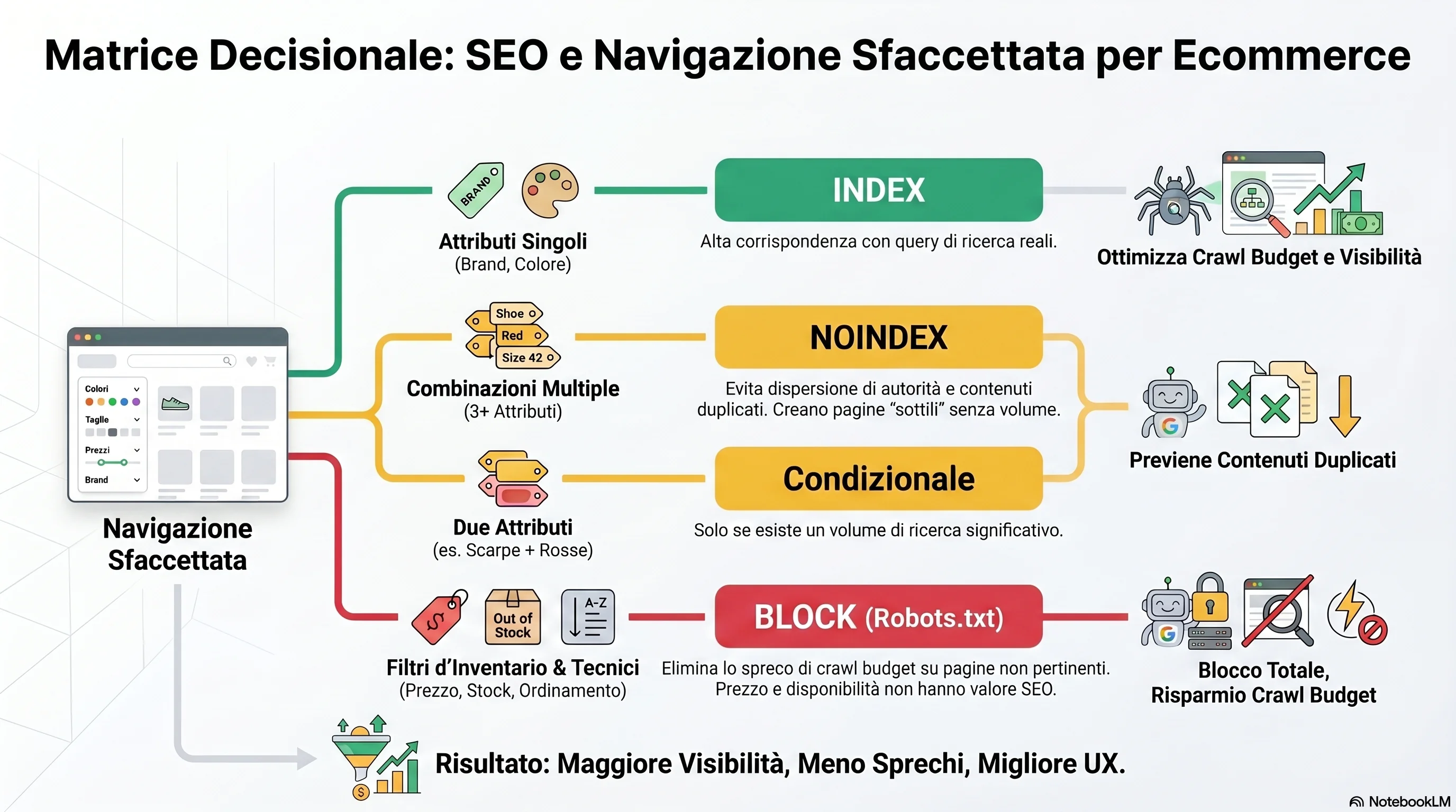 Matrice decisionale SEO ecommerce — trattamento della navigazione a faccette per tipo