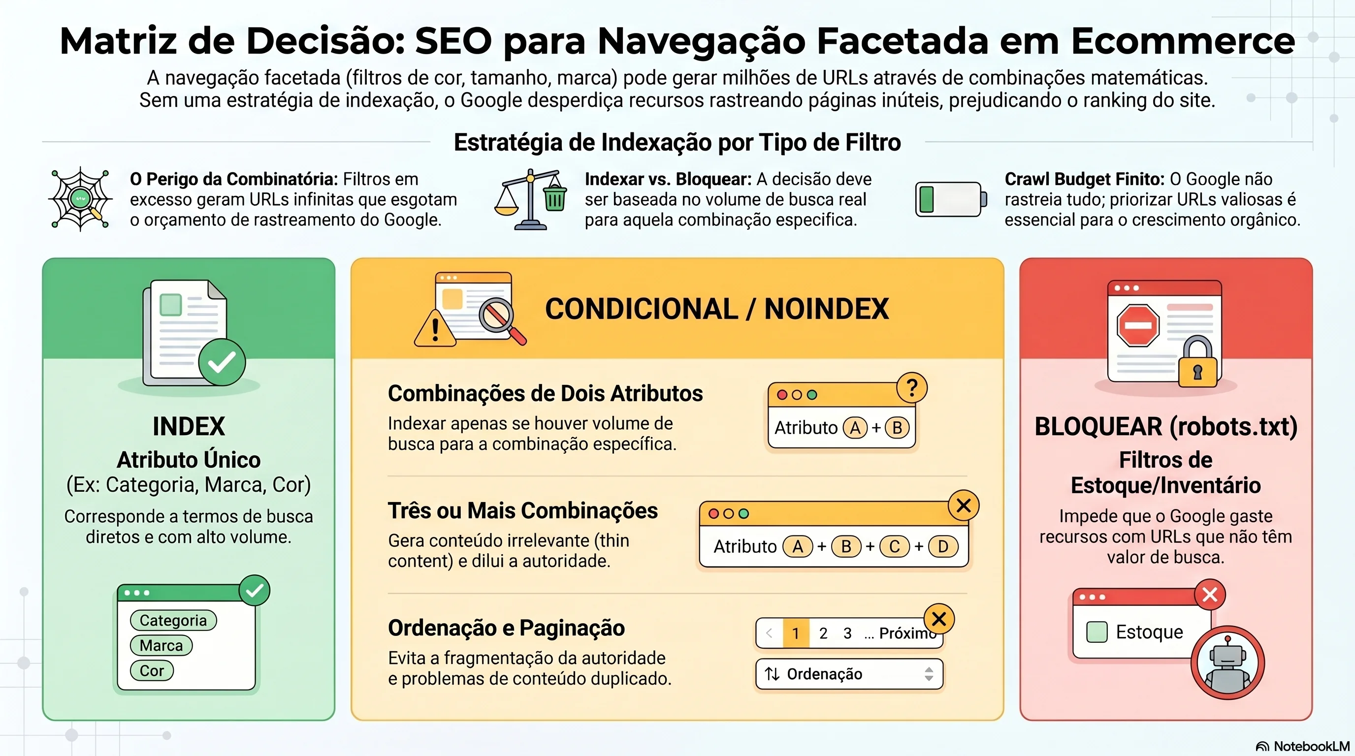 Matriz de decisões SEO ecommerce — tratamento da navegação por facetas por tipo
