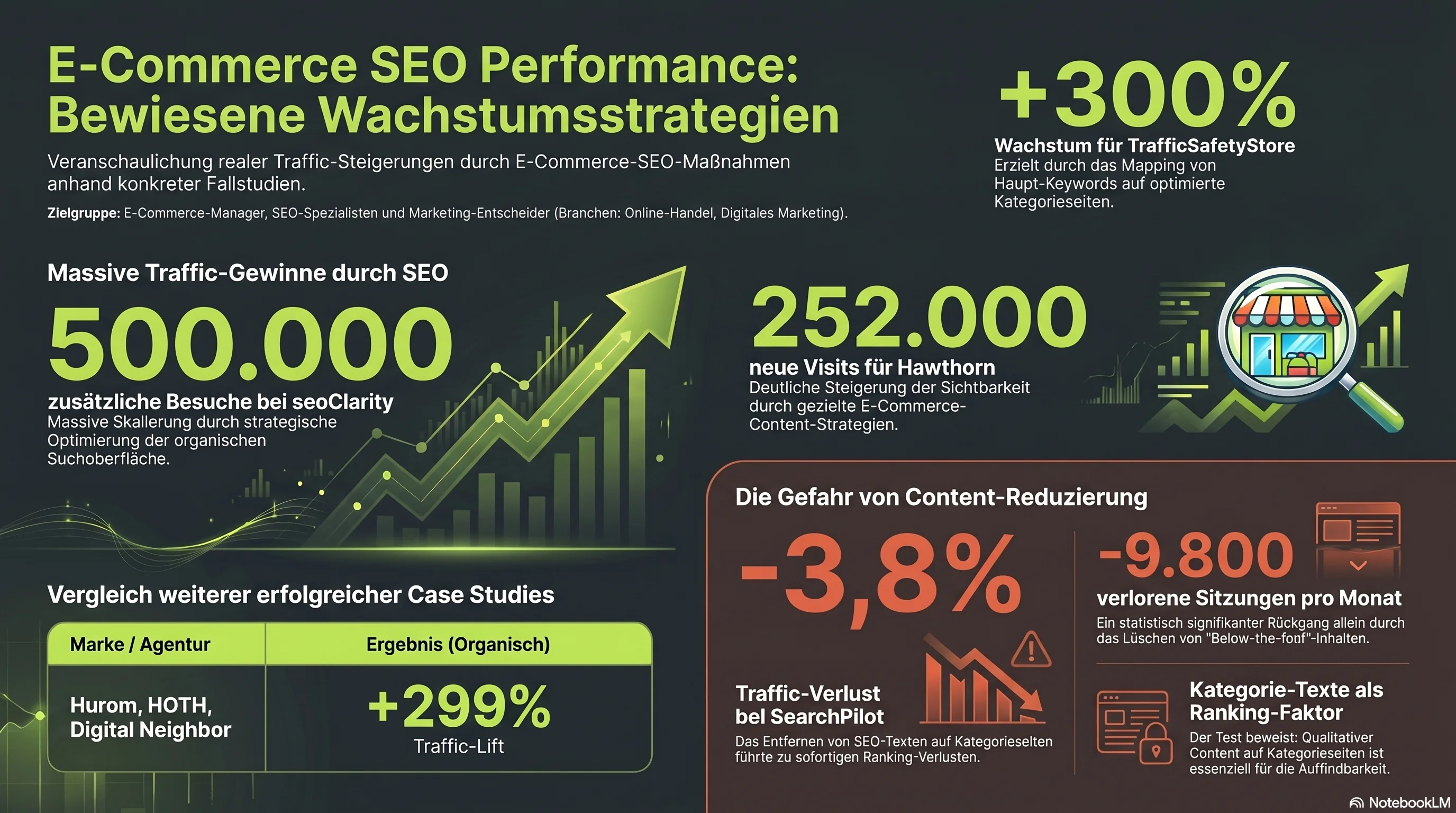 Dokumentierte Ergebnisse von Ecommerce-SEO-Fallstudien — organische Traffic-Zuwächse und ein Kontrolltest