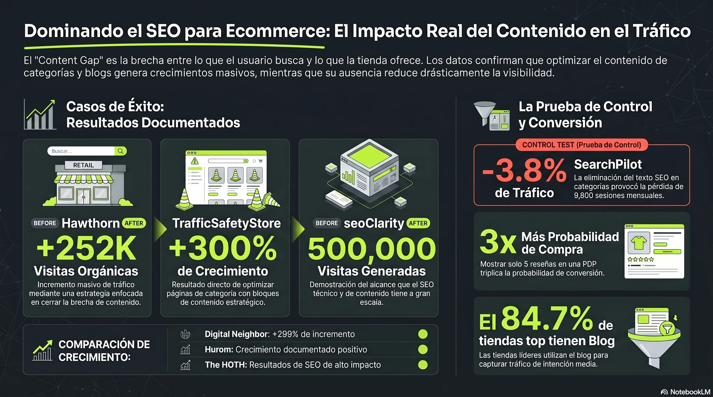 Resultados documentados de casos de éxito SEO ecommerce — incrementos de tráfico orgánico y un test de control