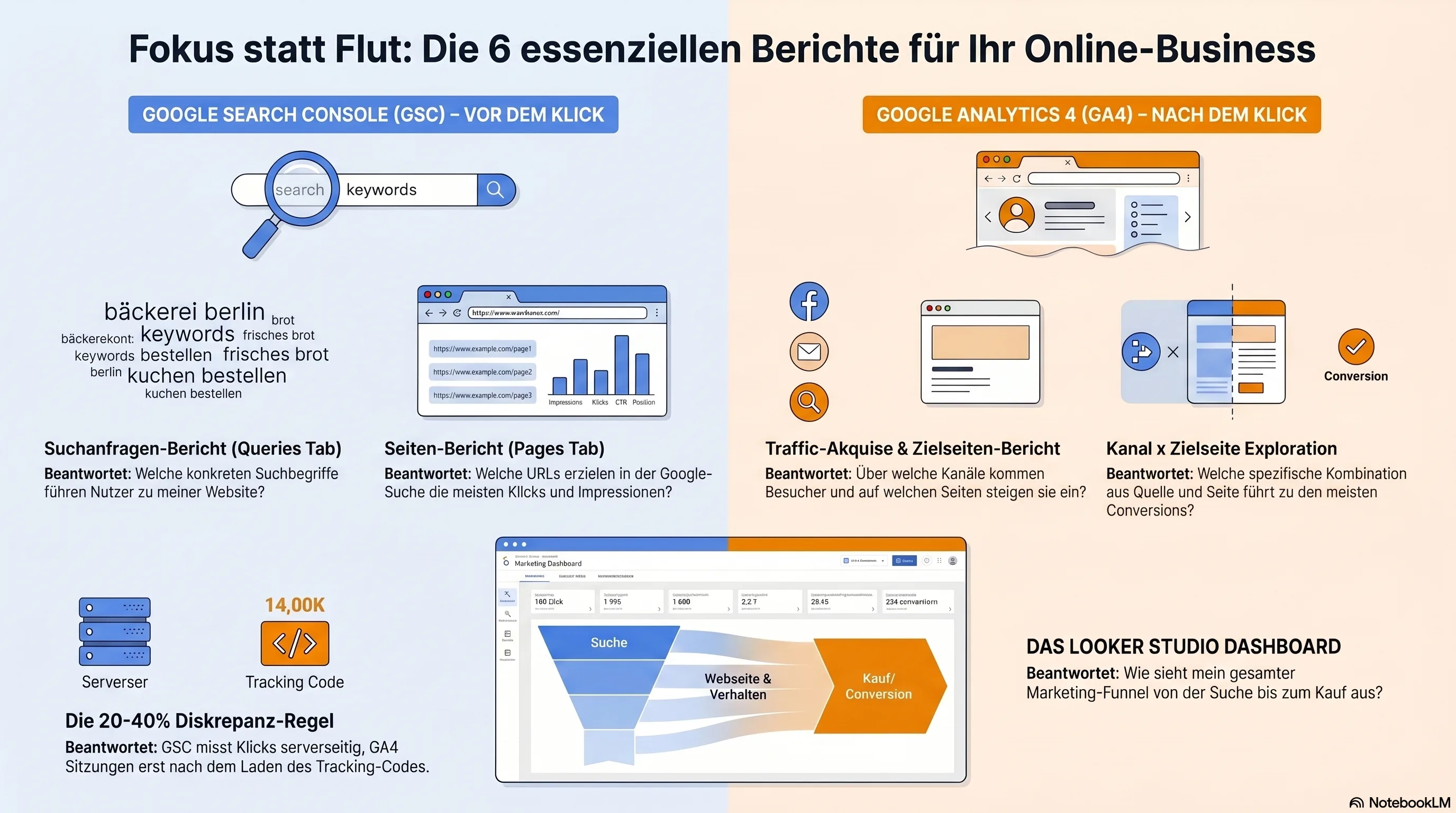 Infografik: Die sechs Berichte, die ein KMU zwischen GA4 und Search Console benötigt, mit dem Looker-Studio-Dashboard, das beide verknüpft