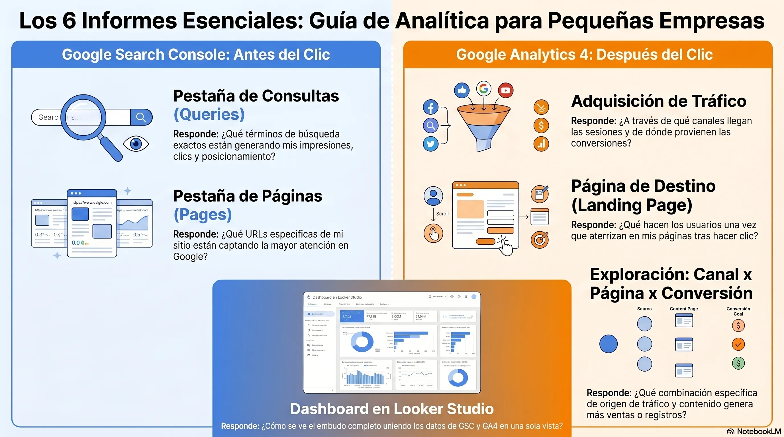 Infografía: los seis informes que toda pyme necesita en GA4 y Search Console, con el panel de Looker Studio que los combina