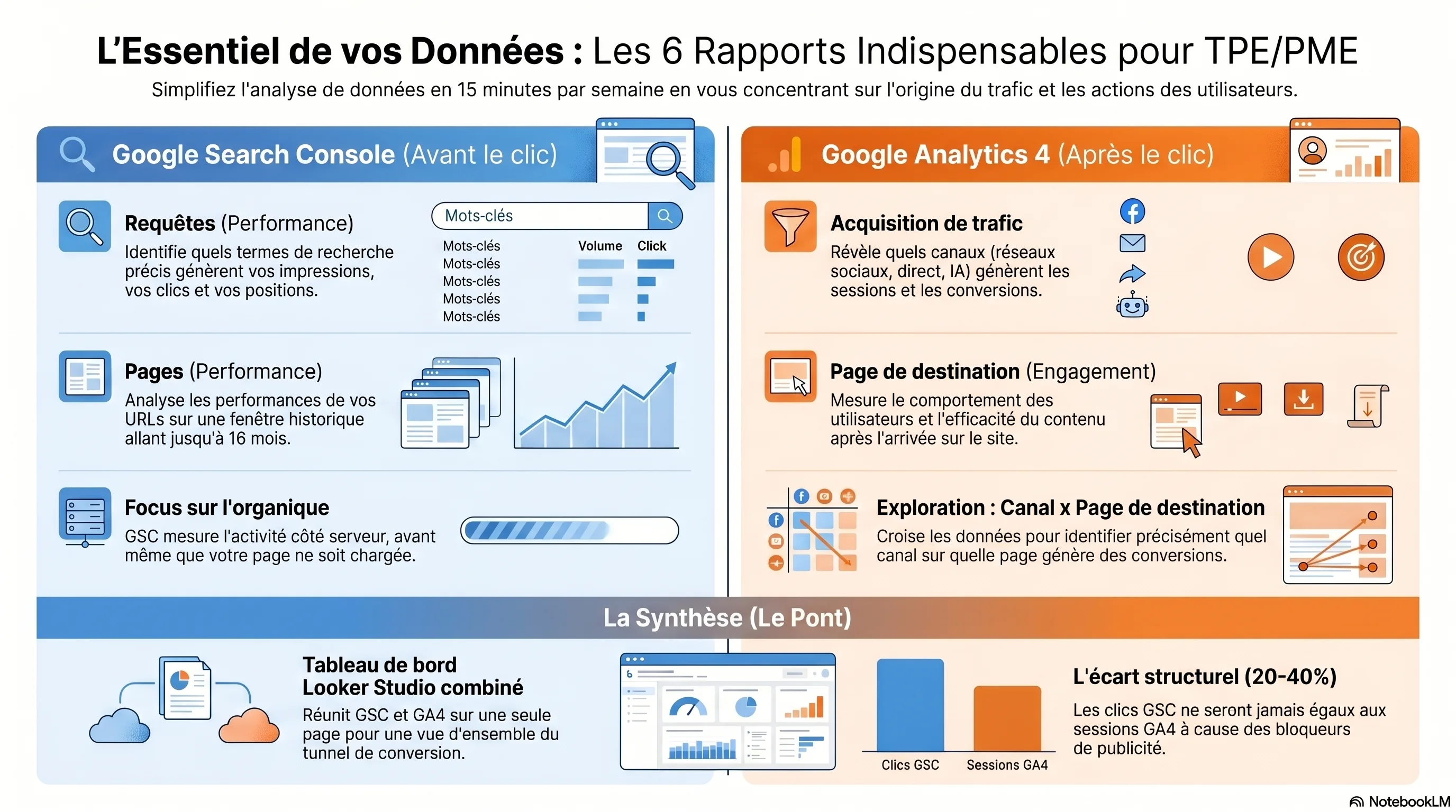 Infographie : les six rapports dont une PME a besoin entre GA4 et Search Console, avec le tableau Looker Studio combinant les deux
