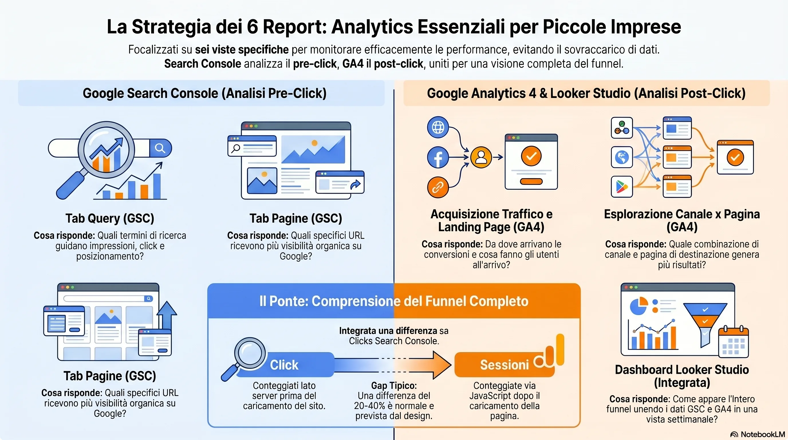 Infografica: i sei report di cui una PMI ha bisogno tra GA4 e Search Console, con la dashboard Looker Studio che combina entrambi