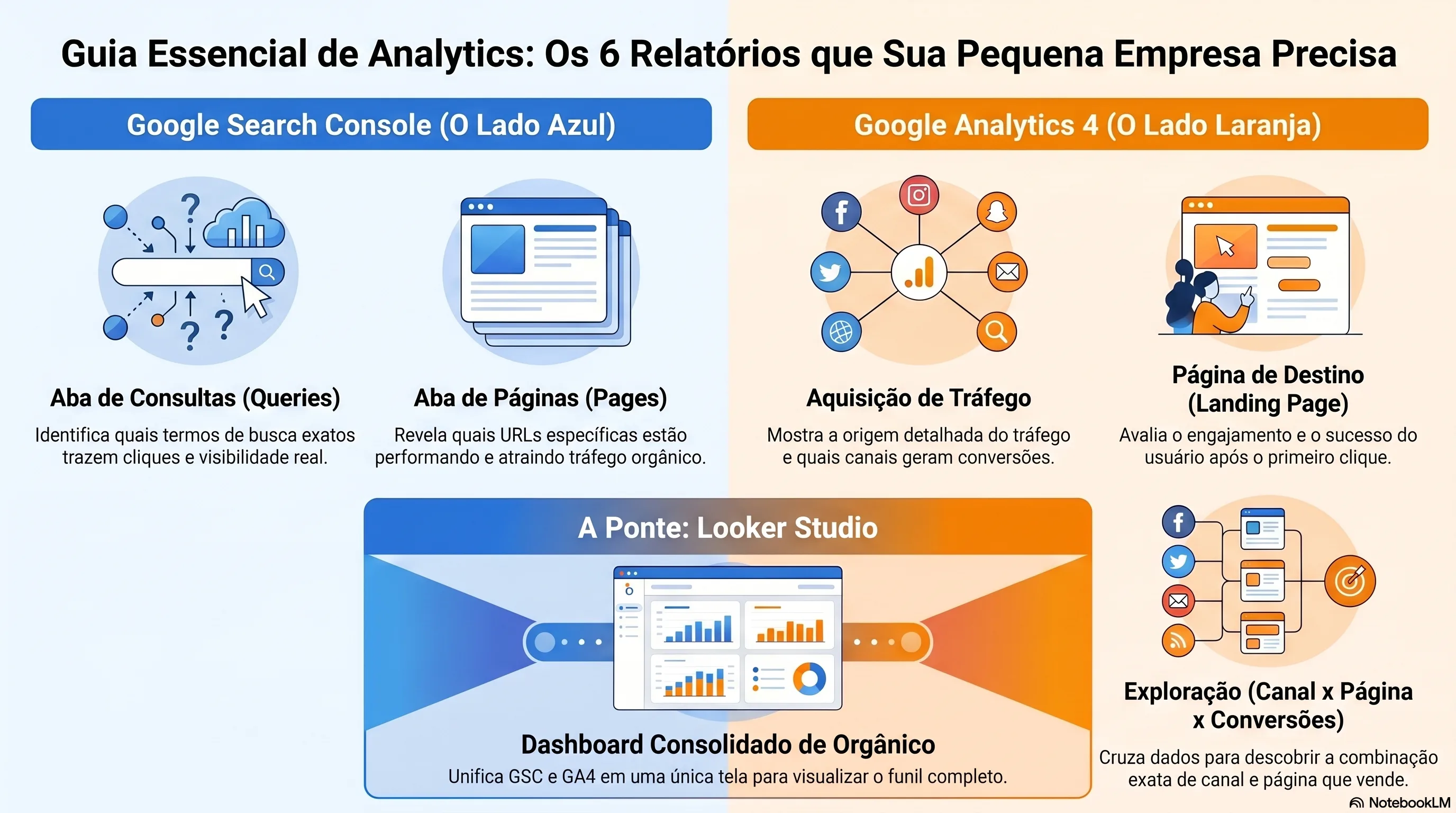 Infográfico: os seis relatórios que uma PME precisa entre GA4 e Search Console, com o painel Looker Studio combinando os dois