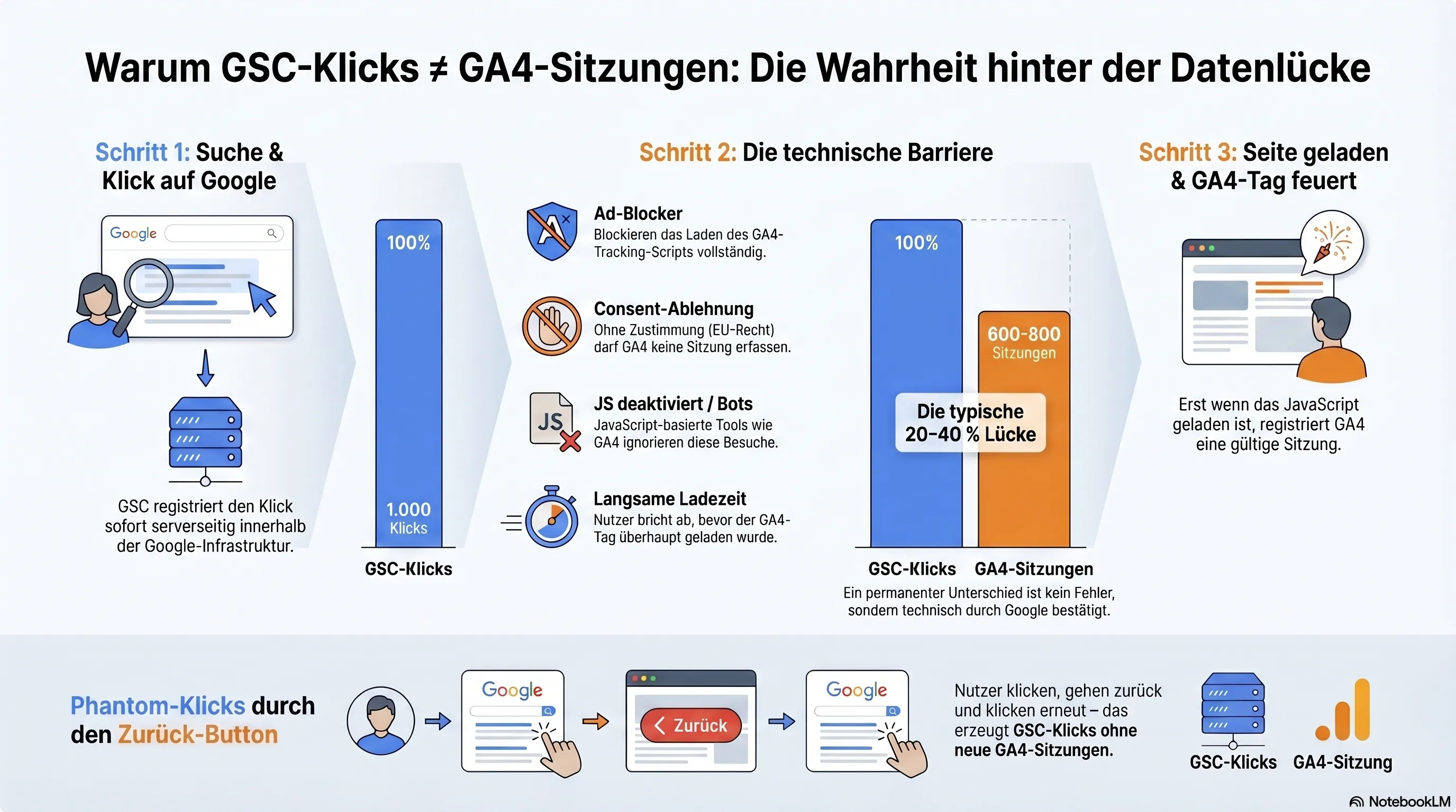 Infografik: Warum GSC-Klicks nie mit GA4-Sitzungen übereinstimmen – Ad-Blocking, langsames Laden, Consent-Ablehnung und Zurück-Klick erklären die dauerhafte Abweichung von 20 bis 40 %