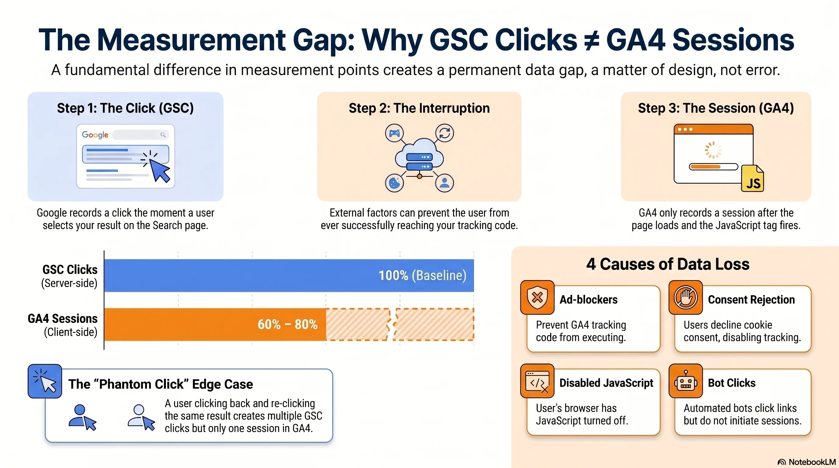 Infographic: Why GSC clicks never equal GA4 sessions — ad-block, slow load, consent rejection, and the back-button-and-reclick pattern explain the permanent 20-40% gap