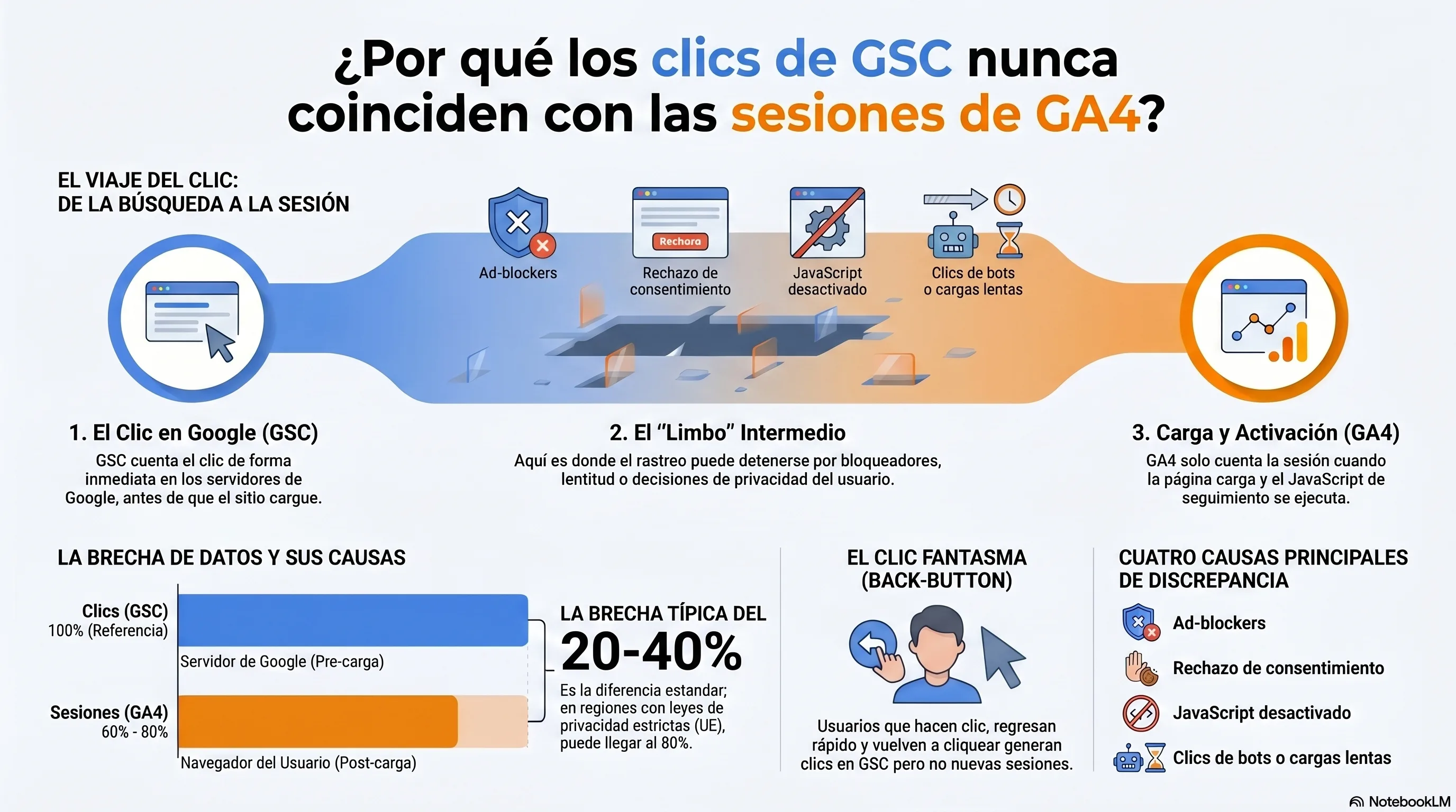 Infografía: por qué los clics de GSC nunca igualan las sesiones de GA4 — ad-block, carga lenta, rechazo de consentimiento y el patrón botón-atrás-volver-a-clicar explican la brecha permanente del 20-40%