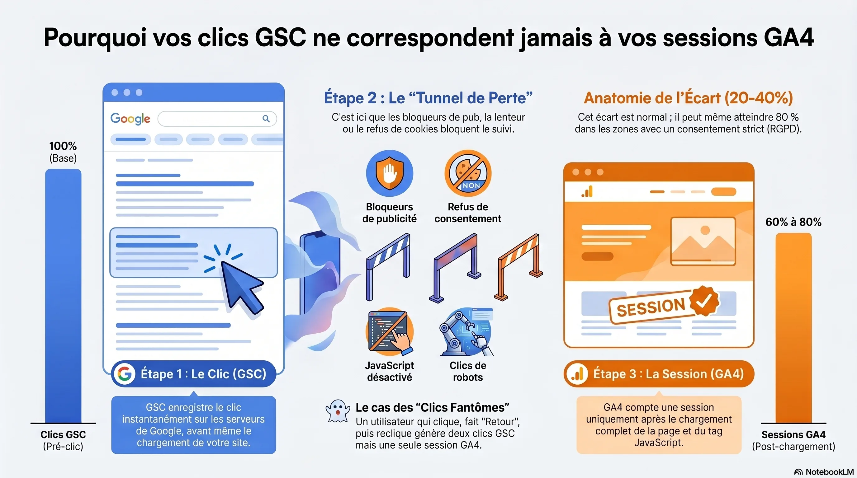 Infographie : pourquoi les clics GSC n’égalent jamais les sessions GA4 — ad-block, chargement lent, refus de consentement, retour-arrière-reclic expliquent l’écart permanent de 20 à 40 %