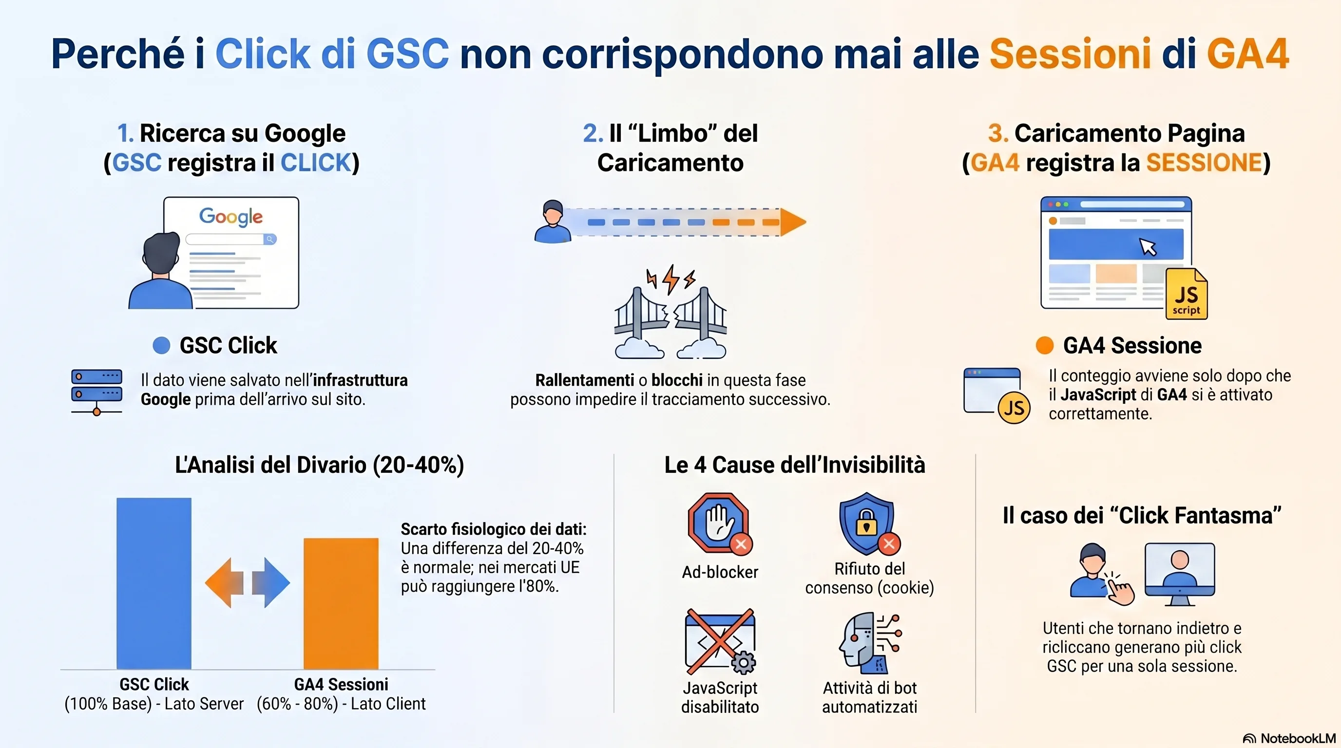 Infografica: perché i clic GSC non corrispondono mai alle sessioni GA4 — ad-block, caricamento lento, rifiuto del consenso e clic-indietro-poi-ancora spiegano lo scarto permanente del 20-40%
