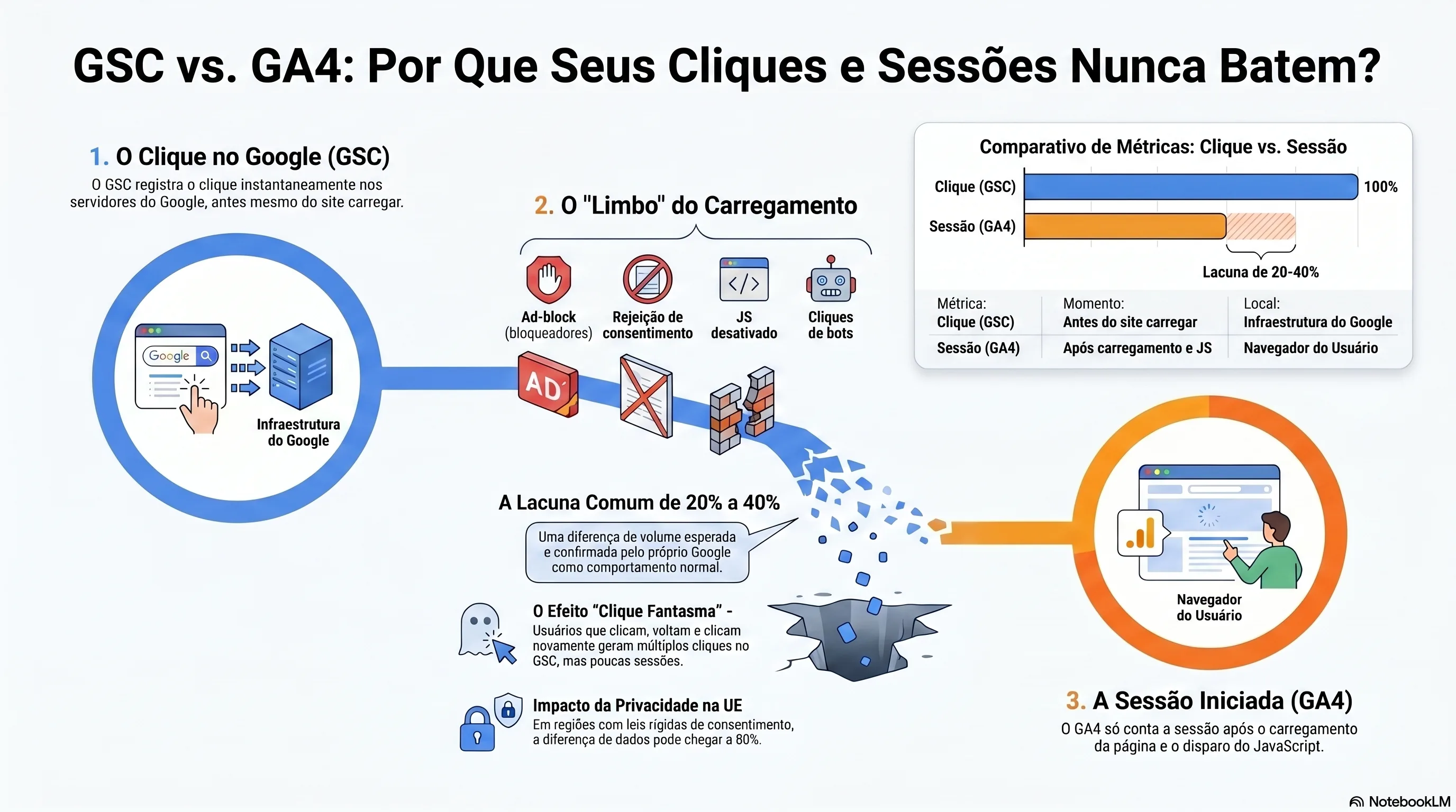 Infográfico: por que os cliques do GSC nunca igualam as sessões do GA4 — ad-block, carregamento lento, recusa de consentimento e comportamento de voltar e clicar novamente explicam a diferença permanente de 20 a 40%