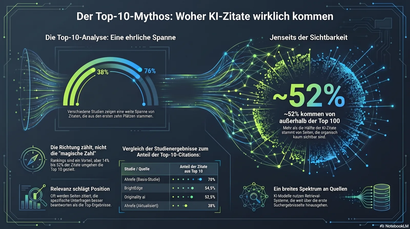 Infografik: der Top-10-Mythos — KI-Übersichten-Zitate kommen aus einer Spanne organischer Positionen (38–76%), davon ~52% von außerhalb der Top 100