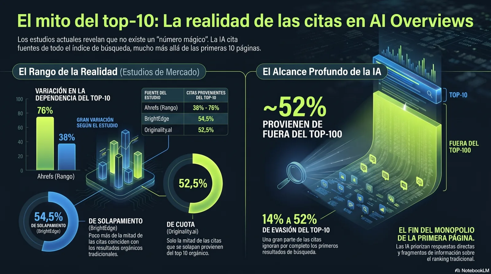 Infografía: el mito del top-10 — las citas de los Resúmenes de IA vienen de un rango de posiciones orgánicas (38–76%), con ~52% de fuera del top-100