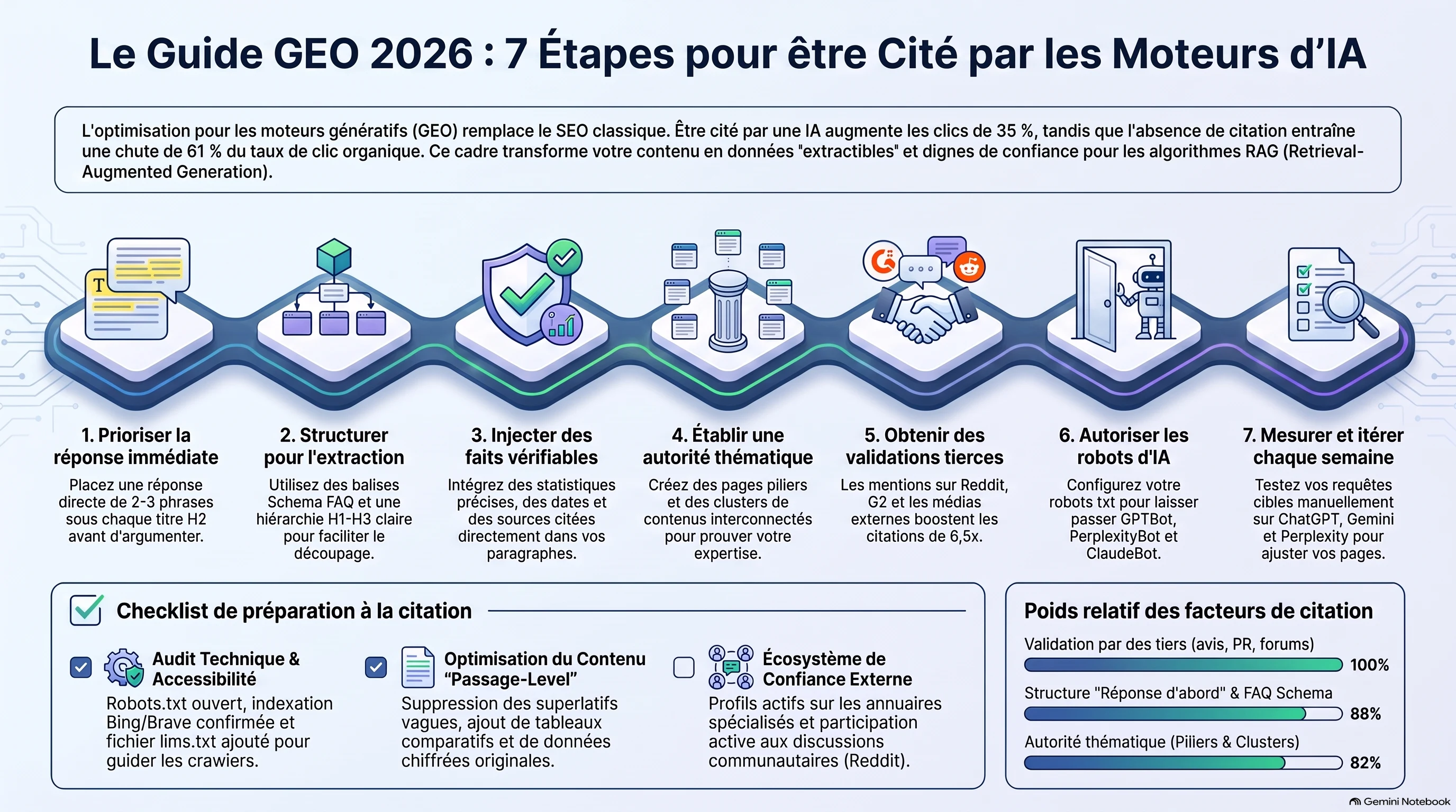 Le playbook GEO 2026 : les etapes concretes pour obtenir des citations IA