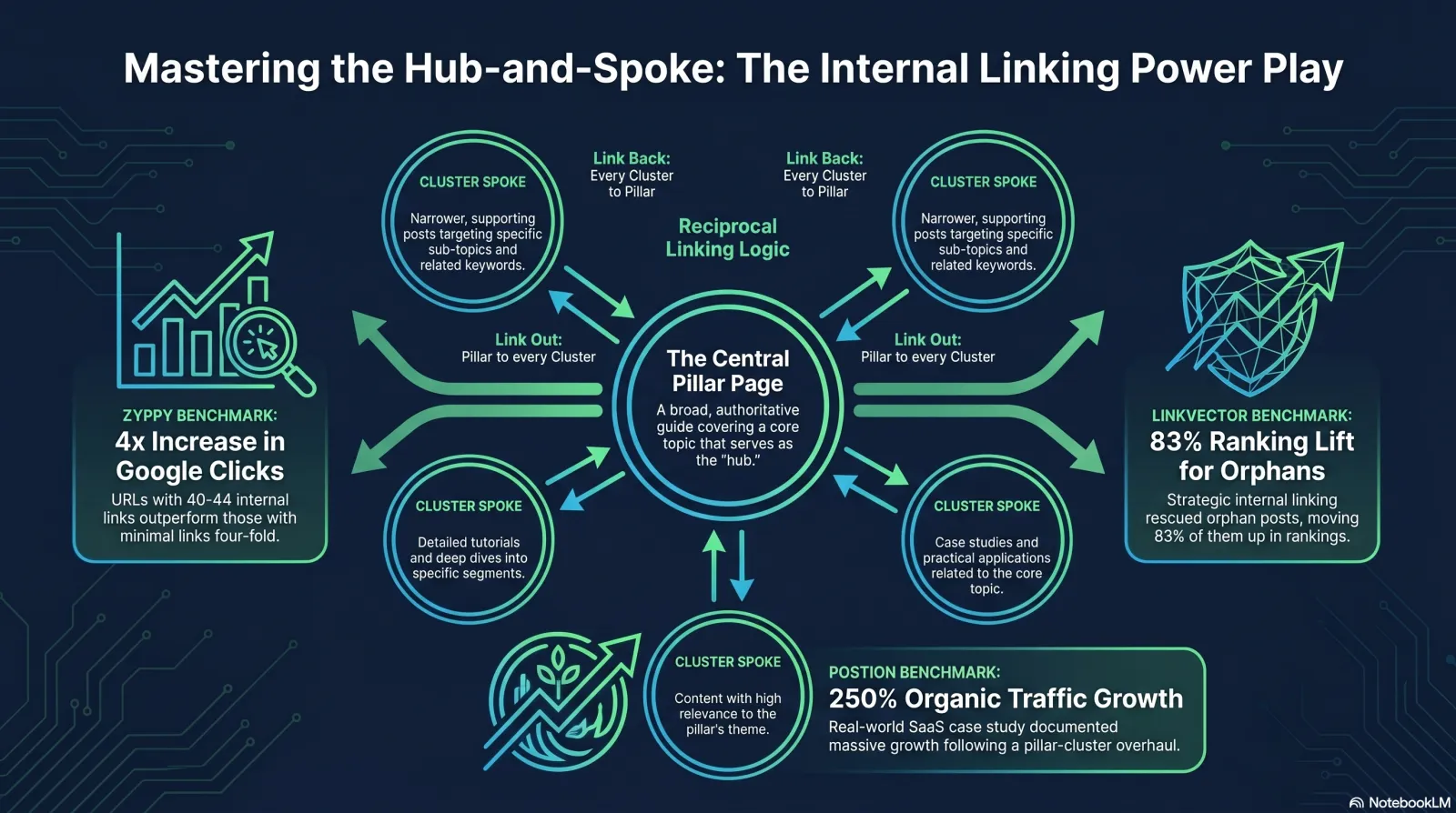 Infographic: the small business internal-linking weekend rollout — audit existing pages in Google Search Console, find orphan pages with Ahrefs Webmaster Tools / Screaming Frog, identify power pages, then add 3-5 contextual links per post within the pillar/cluster framework