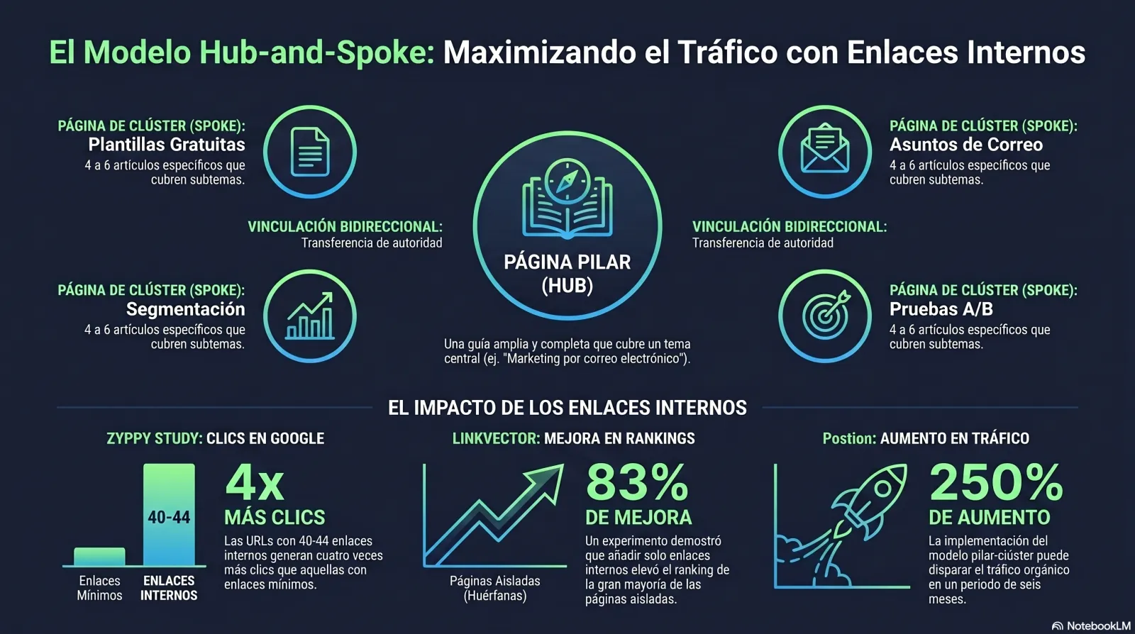 Infografía: el modelo hub-and-spoke de enlazado interno — páginas pilar conectadas a páginas cluster con datos clave de Zyppy, LinkVector y Postion