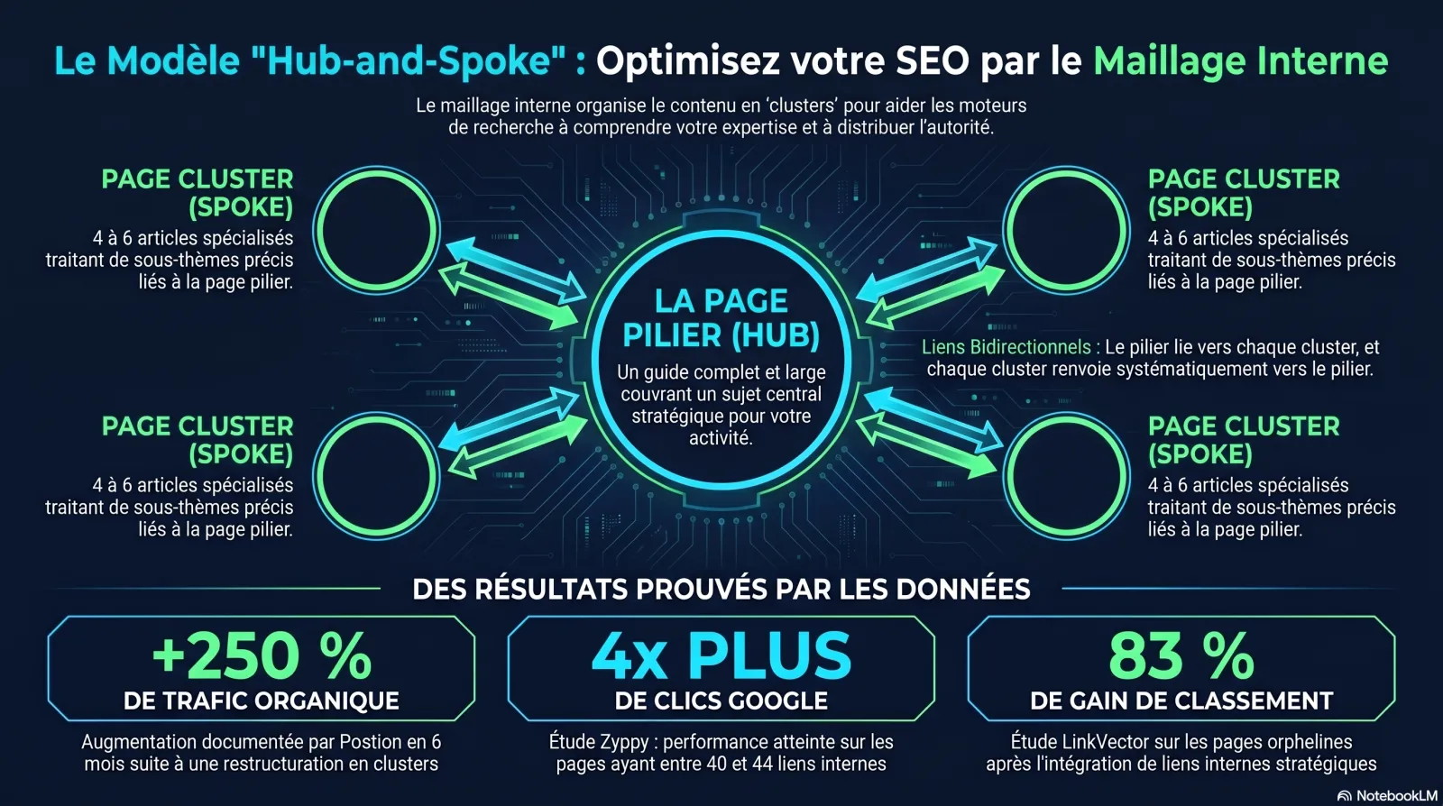 Infographie : le modèle hub-and-spoke de maillage interne — pages piliers connectées aux pages clusters avec les stats clés Zyppy, LinkVector et Postion