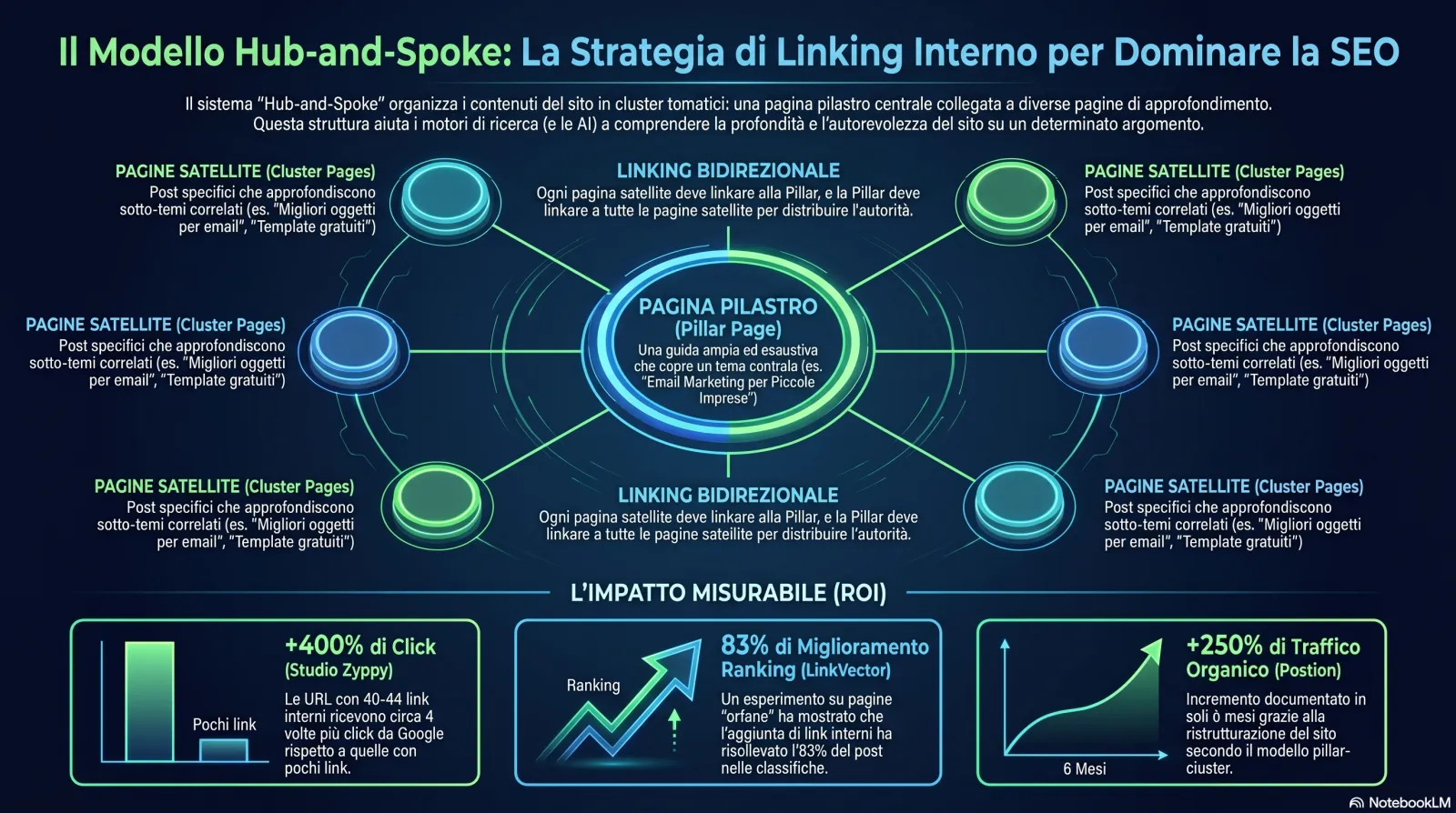 Infografica: il modello hub-and-spoke di link interni — pagine pilastro collegate alle pagine cluster con le statistiche chiave di Zyppy, LinkVector e Postion