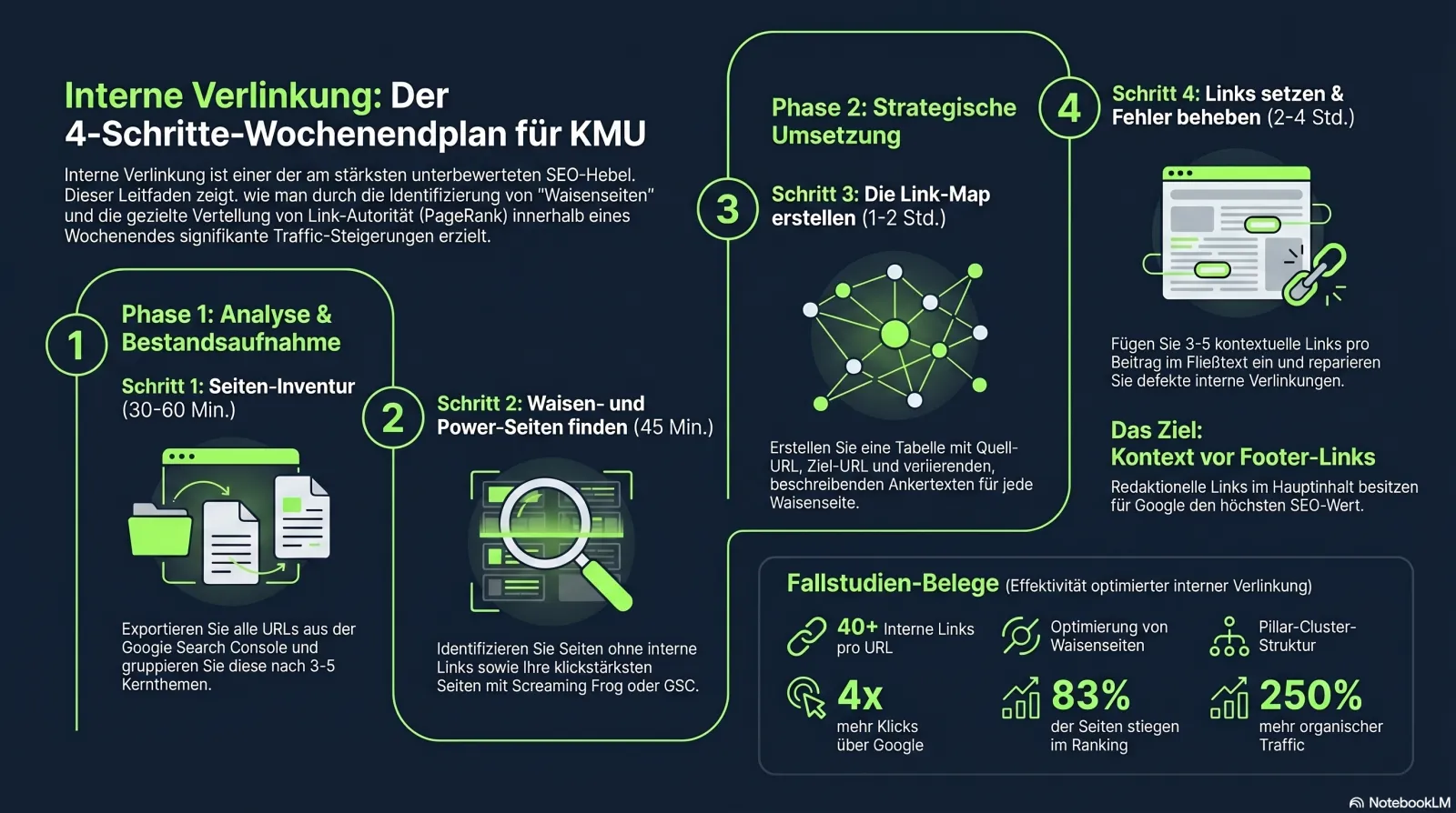Infografik: der 4-Schritte-Wochenend-Rollout für interne Verlinkung — Inventar, verwaiste Seiten finden, Linkkarte erstellen, Links setzen und defekte reparieren
