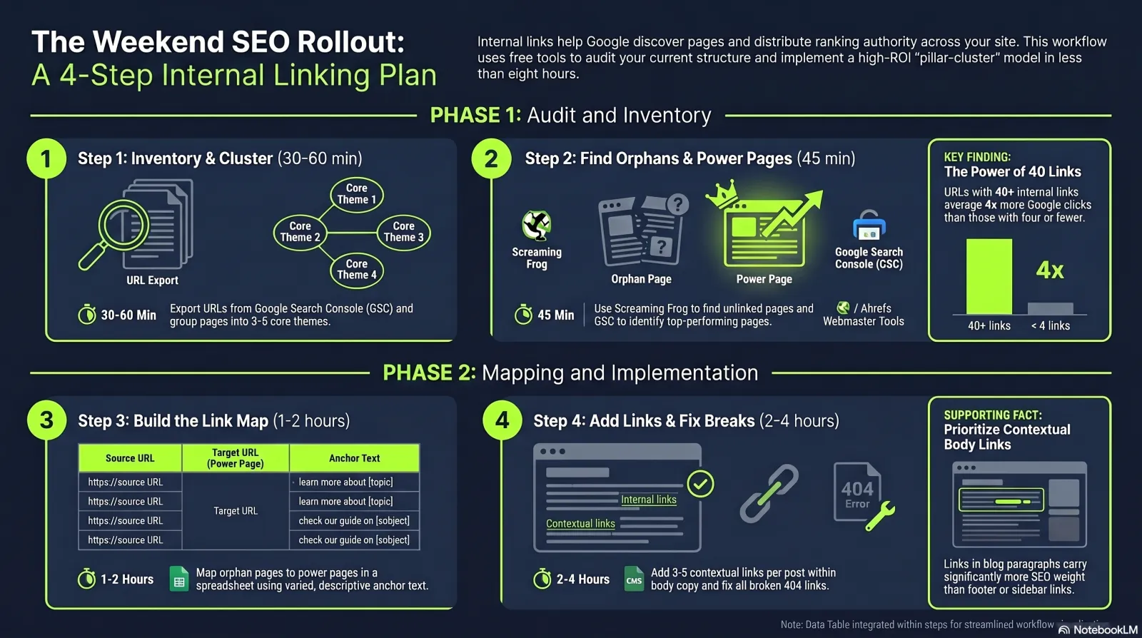 Infographic: case-study results from pillar-and-cluster internal linking projects — Zyppy 23M-link study (peak 4× clicks at 40-44 internal links), LinkVector orphan-page experiment (83% of pages moved up in rankings), Postion pillar/cluster overhaul (+250% organic traffic in 6 months)