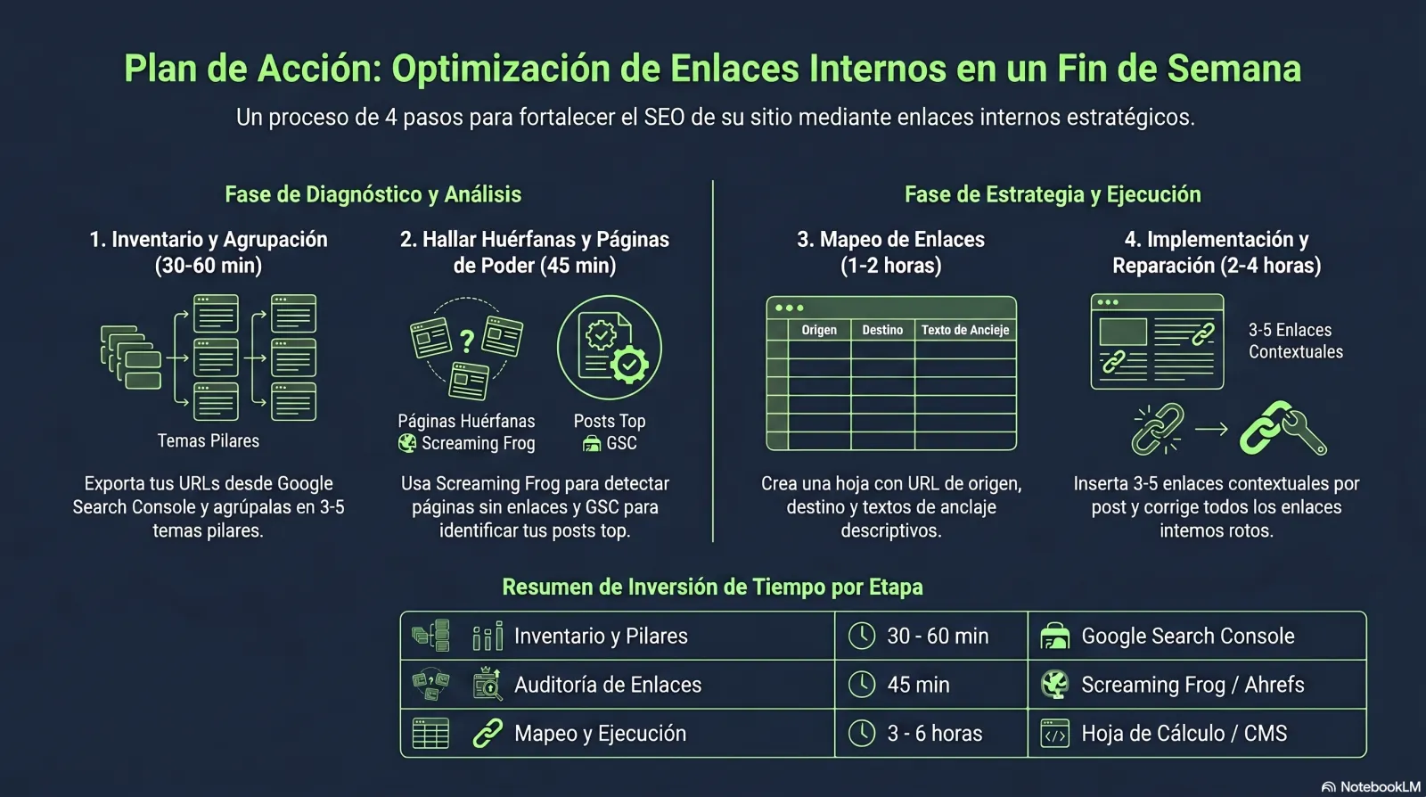 Infografía: el despliegue de fin de semana en 4 pasos para enlazado interno — inventario, encontrar huérfanas, construir mapa de enlaces, añadir enlaces y arreglar rotos