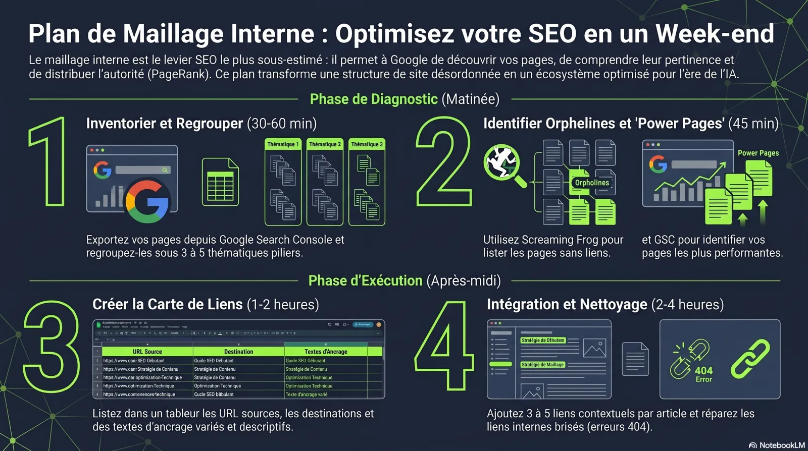 Infographie : le plan de déploiement de week-end en 4 étapes pour le maillage interne — inventaire, trouver les orphelines, construire la carte des liens, ajouter les liens et réparer les cassés