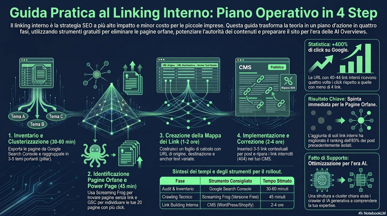 Infografica: il piano del weekend in 4 fasi per i link interni — inventario, trovare le orfane, costruire la mappa dei link, aggiungere link e riparare i rotti