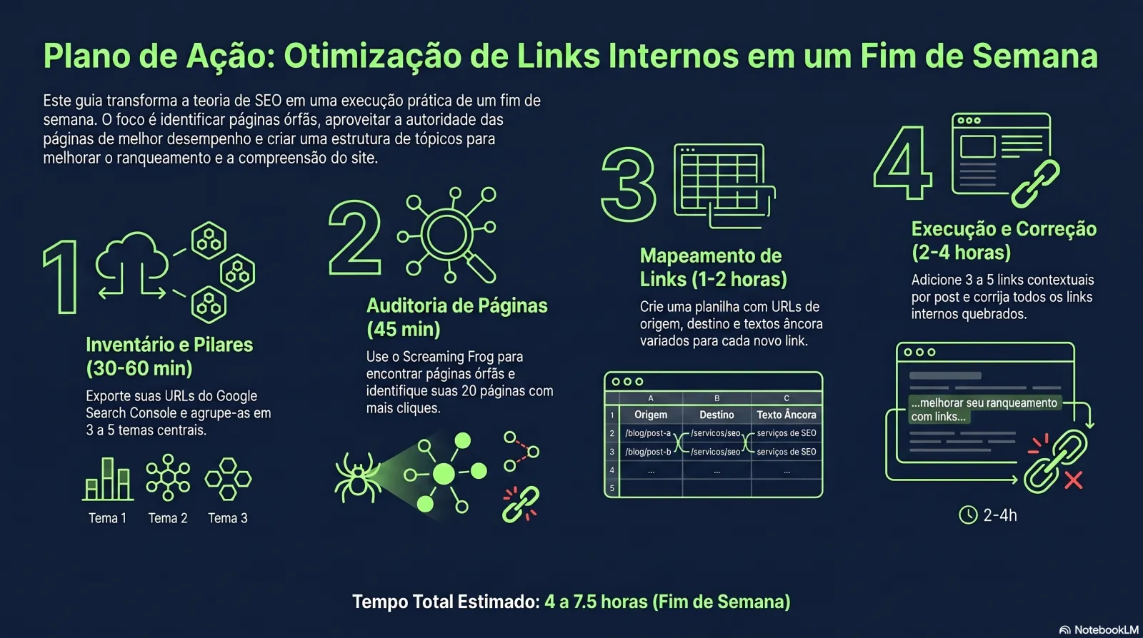 Infografia: o plano de fim de semana em 4 etapas para links internos — inventário, encontrar órfãs, construir o mapa de links, adicionar links e reparar os quebrados