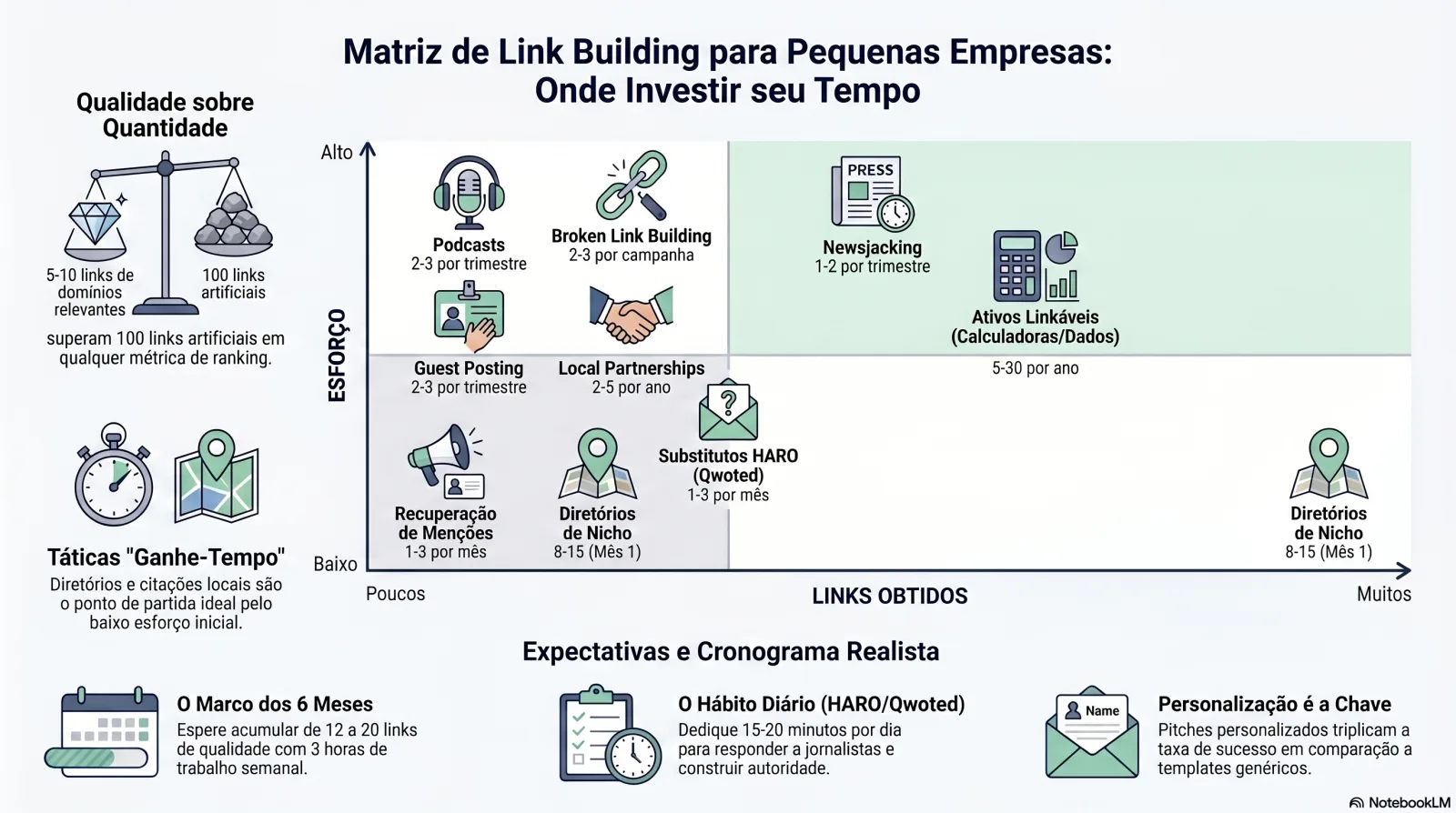 Matriz de esforço vs. resultado do link building para pequenas empresas