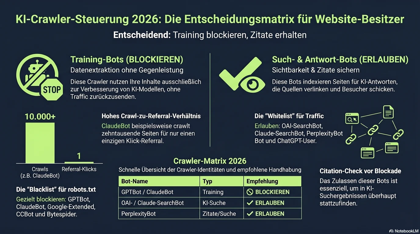 Infografik: die KI-Crawler-Entscheidungsmatrix 2026 — was jeder Bot tut (GPTBot, OAI-SearchBot, ClaudeBot, Claude-SearchBot, PerplexityBot, Google-Extended, CCBot, Bytespider) und die Empfehlung Zulassen/Blockieren für eine kleine Website