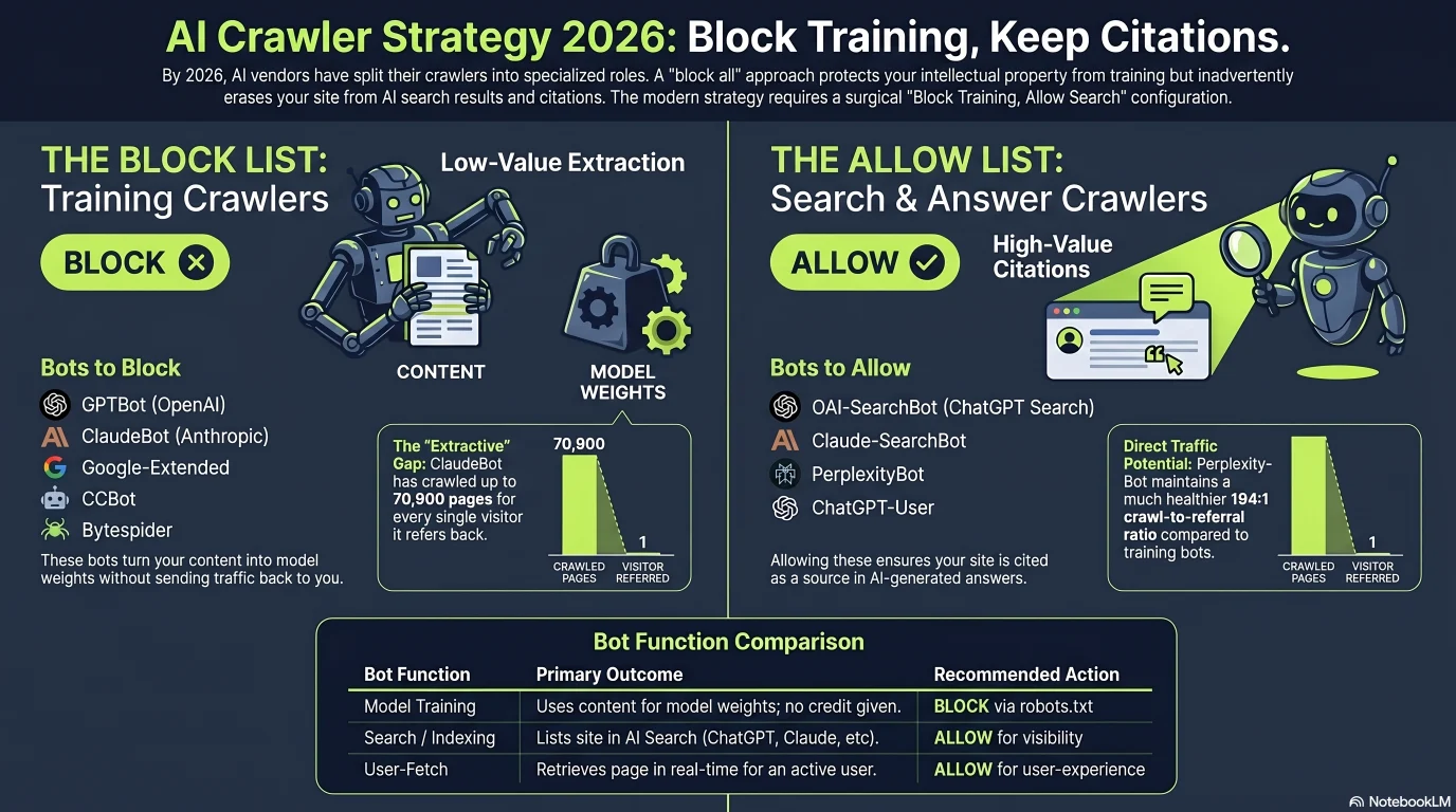 Infographic: the 2026 AI crawler decision matrix — what GPTBot, OAI-SearchBot, ClaudeBot, Claude-SearchBot, PerplexityBot, Google-Extended, CCBot and Bytespider each do, and the recommended allow/block call for a small site aiming for visibility