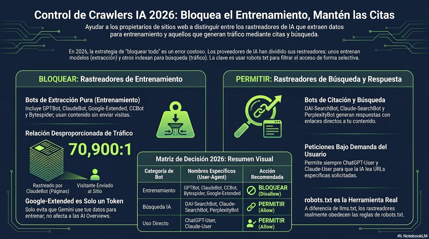 Infografía: la matriz de decisión de rastreadores de IA en 2026 — qué hace cada bot (GPTBot, OAI-SearchBot, ClaudeBot, Claude-SearchBot, PerplexityBot, Google-Extended, CCBot, Bytespider) y la recomendación de permitir o bloquear para un sitio pequeño