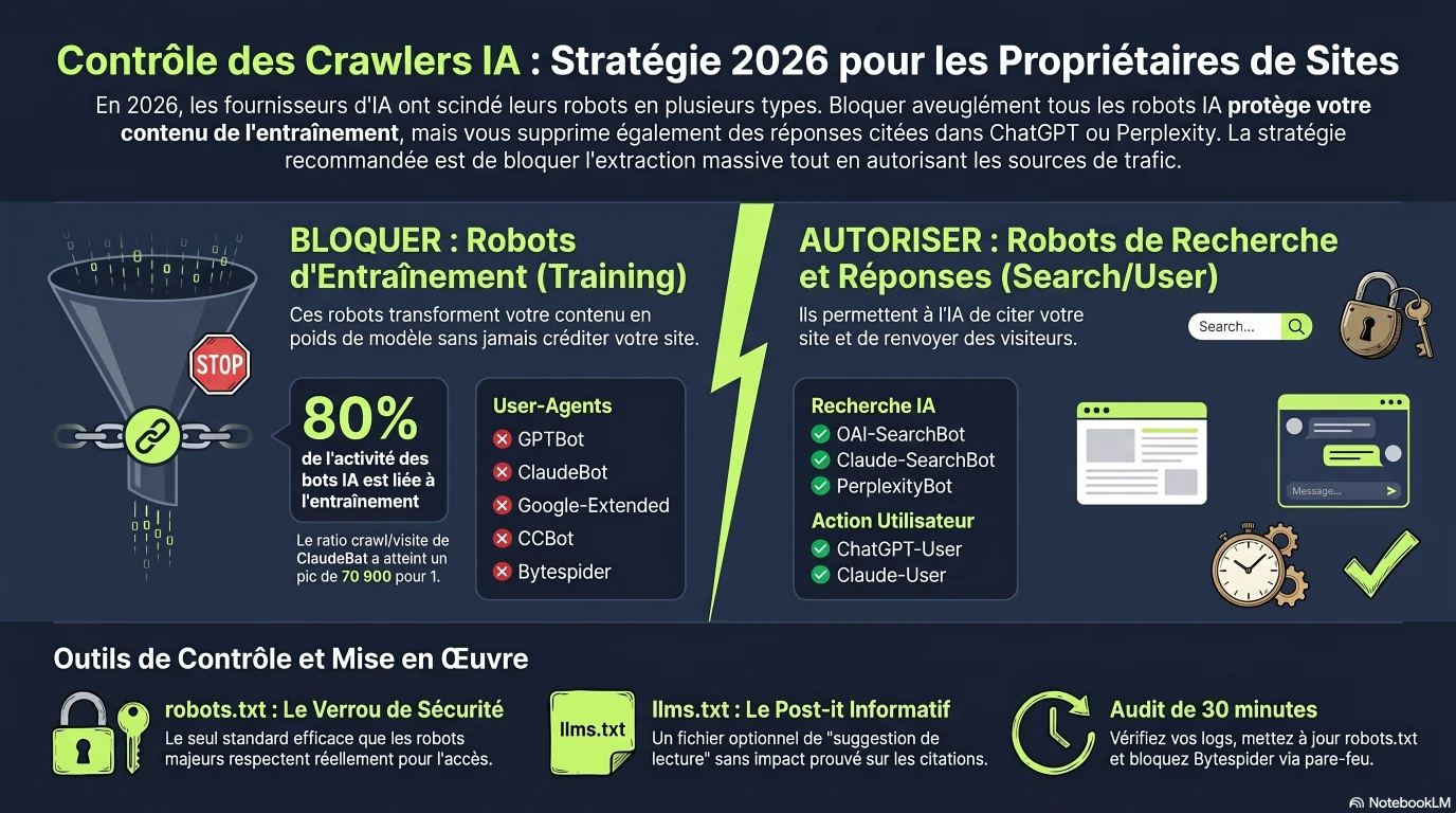 Infographie : la matrice de décision des robots d'IA en 2026 — ce que fait chaque bot (GPTBot, OAI-SearchBot, ClaudeBot, Claude-SearchBot, PerplexityBot, Google-Extended, CCBot, Bytespider) et la recommandation autoriser/bloquer pour un petit site