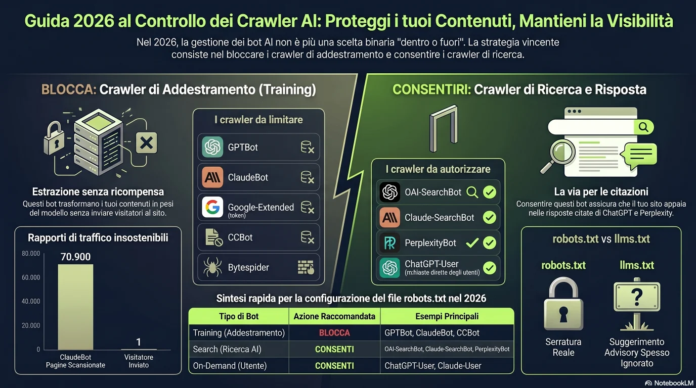 Infografica: la matrice decisionale dei crawler IA nel 2026 — cosa fa ogni bot (GPTBot, OAI-SearchBot, ClaudeBot, Claude-SearchBot, PerplexityBot, Google-Extended, CCBot, Bytespider) e la raccomandazione consenti/blocca per un sito piccolo