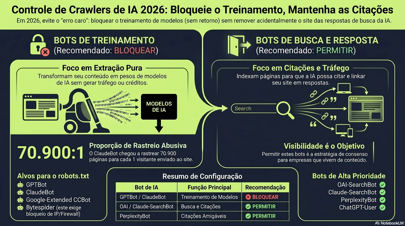Infográfico: a matriz de decisão de rastreadores de IA em 2026 — o que cada bot faz (GPTBot, OAI-SearchBot, ClaudeBot, Claude-SearchBot, PerplexityBot, Google-Extended, CCBot, Bytespider) e a recomendação de permitir ou bloquear para um site pequeno