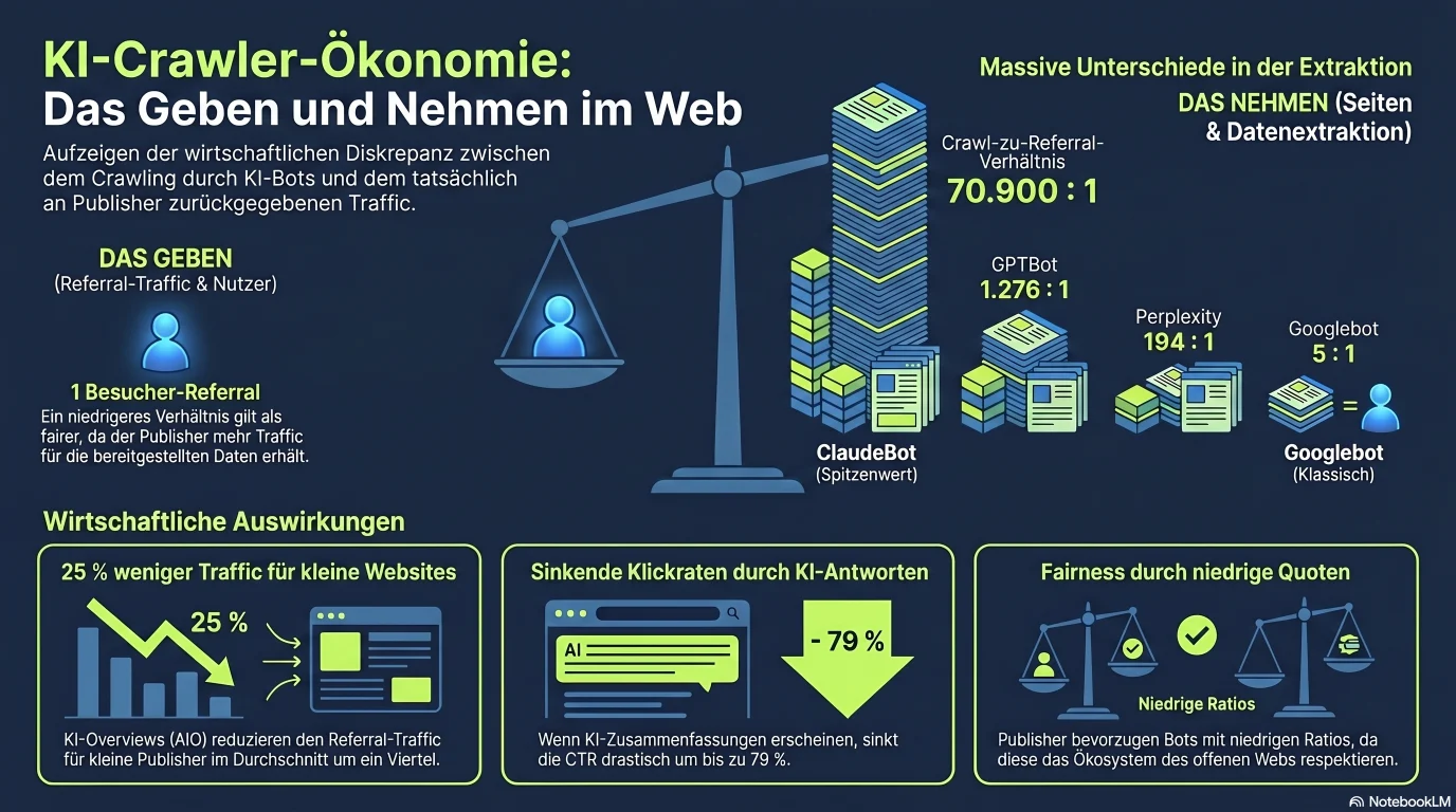 Infografik: die Ökonomie des Blockierens von KI-Crawlern — Crawl-to-Referral-Verhältnisse (ClaudeBot ~70.900:1, GPTBot ~1.276:1, PerplexityBot ~194:1, Googlebot ~5:1) und die ~0 % Verbesserung bei Zitationen durch llms.txt trotz ~10 % Verbreitung