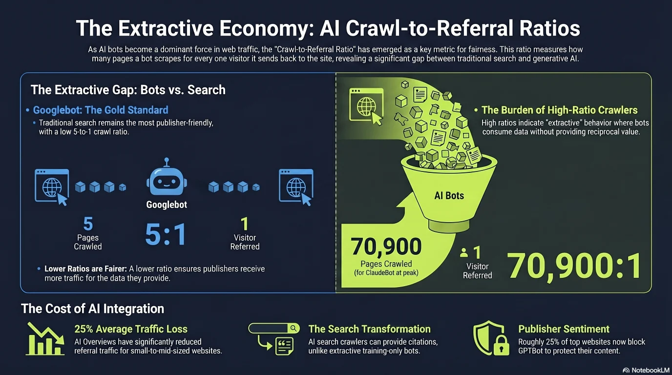 Infographic: the economics of blocking AI crawlers — crawl-to-referral ratios (ClaudeBot ~70,900:1, GPTBot ~1,276:1, PerplexityBot ~194:1, Googlebot ~5:1) and the ~0% measured citation lift from llms.txt despite ~10% adoption