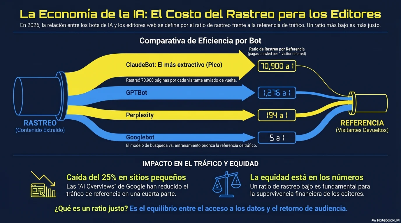 Infografía: la economía de bloquear rastreadores de IA — ratios crawl-to-referral (ClaudeBot ~70.900:1, GPTBot ~1.276:1, PerplexityBot ~194:1, Googlebot ~5:1) y la mejora de ~0% en citaciones de llms.txt pese al ~10% de adopción