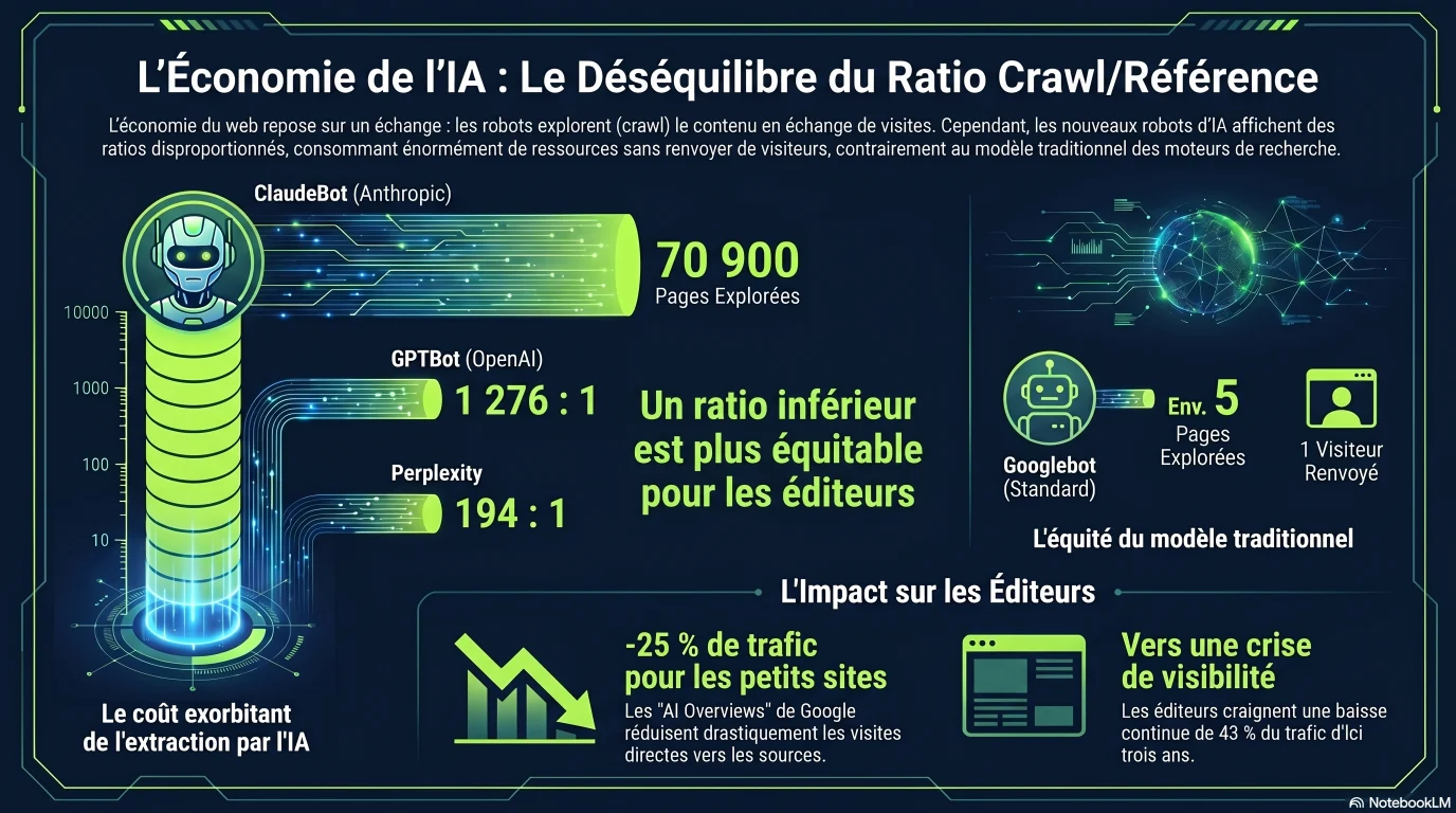 Infographie : l'économie du blocage des robots d'IA — ratios crawl-to-referral (ClaudeBot ~70 900:1, GPTBot ~1 276:1, PerplexityBot ~194:1, Googlebot ~5:1) et le gain de ~0 % en citations de llms.txt malgré ~10 % d'adoption