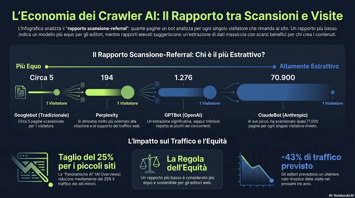Infografica: l'economia del blocco dei crawler IA — rapporti crawl-to-referral (ClaudeBot ~70.900:1, GPTBot ~1.276:1, PerplexityBot ~194:1, Googlebot ~5:1) e il miglioramento di ~0% nelle citazioni da llms.txt nonostante ~10% di adozione