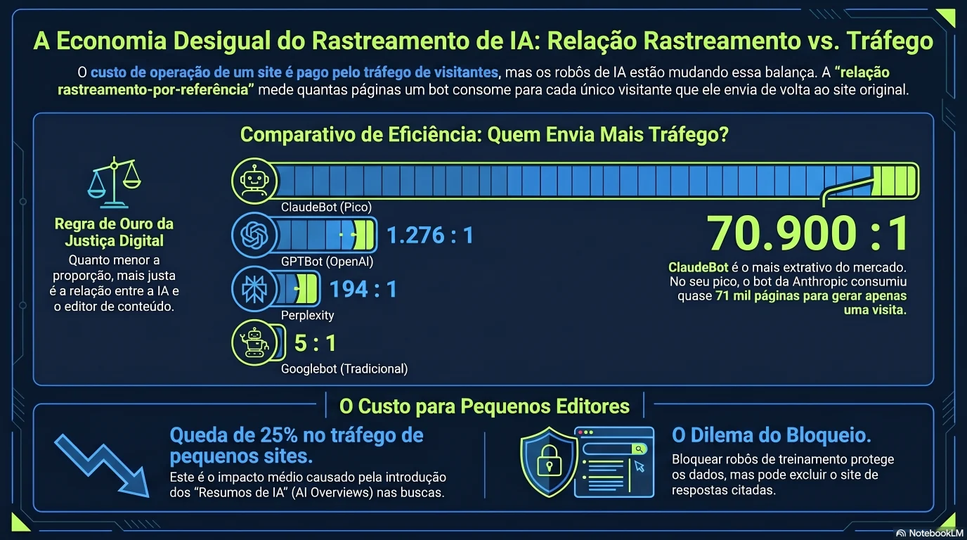 Infográfico: a economia de bloquear rastreadores de IA — rácios crawl-to-referral (ClaudeBot ~70.900:1, GPTBot ~1.276:1, PerplexityBot ~194:1, Googlebot ~5:1) e a melhoria de ~0% nas citações do llms.txt apesar de ~10% de adoção