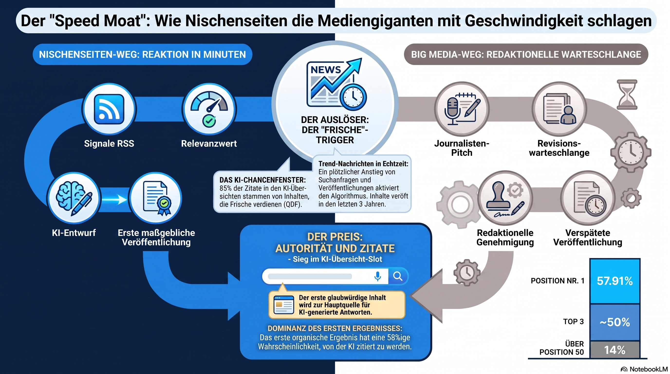 Infografik, die den Nischen-Geschwindigkeits-Burggraben zeigt: Ein aufsteigendes Thema loest Googles Aktualitaetssysteme aus, eine Nischenseite reagiert in Minuten, waehrend eine grosse Redaktion noch in ihrer Warteschlange steckt, und die erste glaubwuerdige Seite faengt den obersten AI-Overview-Zitationsplatz ein, wo das Platz-1-Ergebnis zu 58% zitiert wird