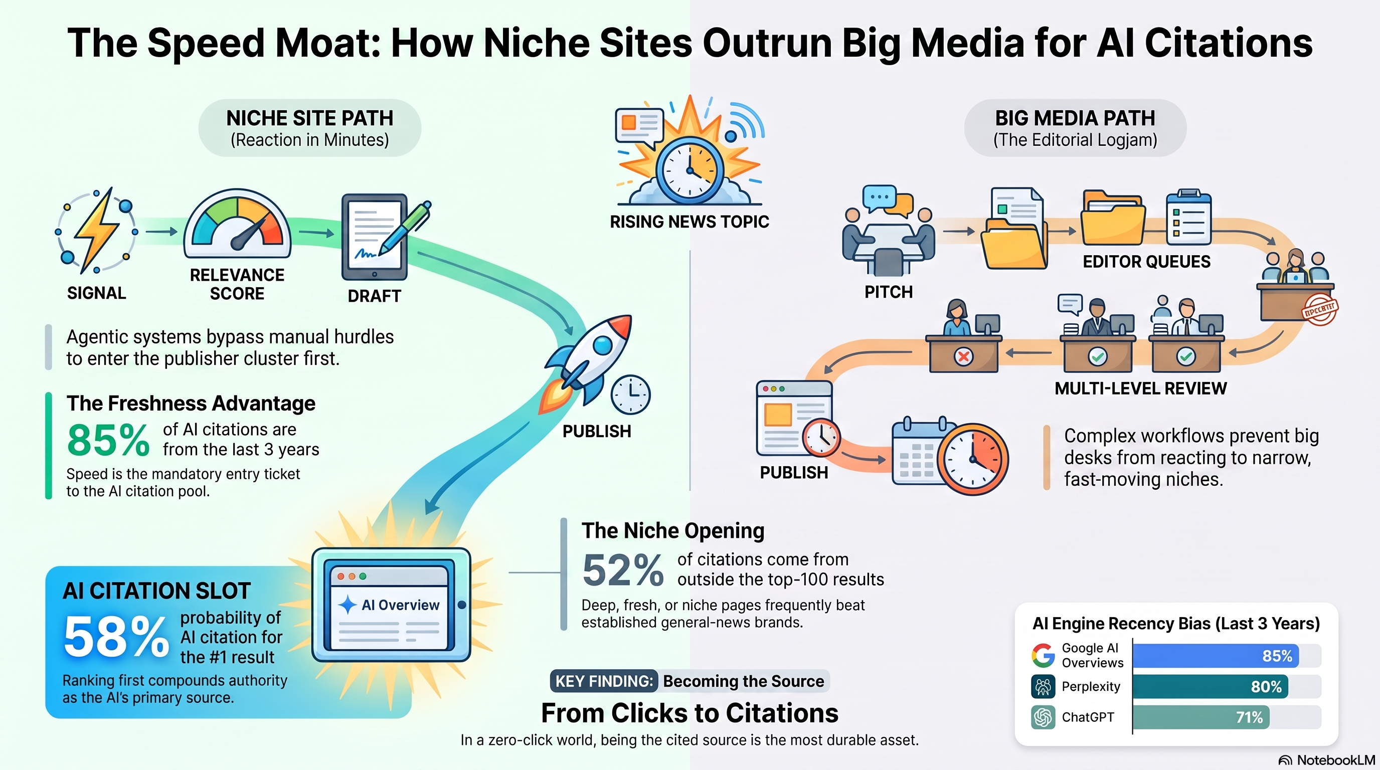 Infographic showing the niche speed moat: a rising topic triggers Google's freshness systems, a niche site reacts in minutes while a big-media newsroom is still in its editorial queue, and the first credible page captures the top AI Overview citation slot where the #1 result is cited 58% of the time