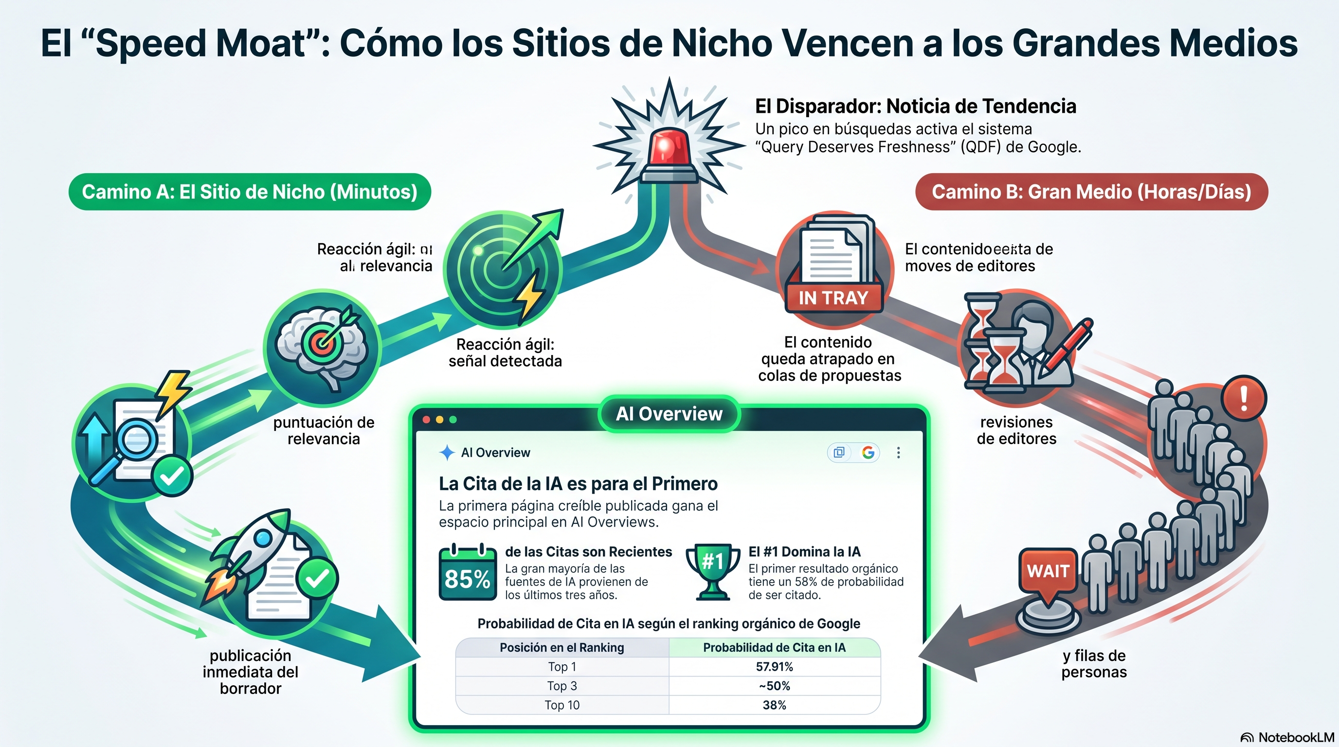 Infografía que muestra el foso de velocidad del nicho: un tema al alza dispara los sistemas de frescura de Google, un sitio de nicho reacciona en minutos mientras la redacción de un gran medio sigue en su cola editorial, y la primera página creíble captura el puesto de cita de cabeza del AI Overview, donde el resultado #1 es citado el 58% de las veces