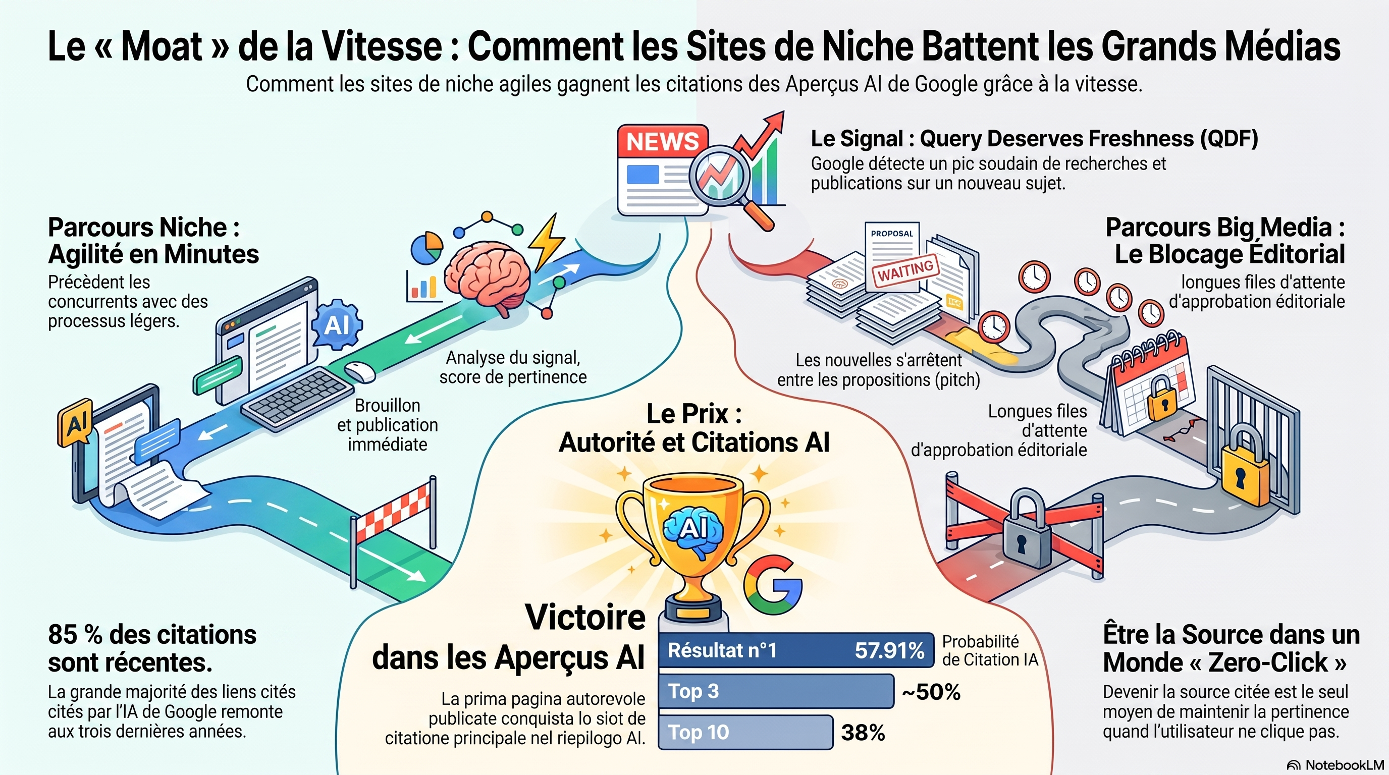 Infographie montrant le rempart de vitesse de la niche : un sujet qui monte déclenche les systèmes de fraîcheur de Google, un site de niche réagit en quelques minutes pendant que la rédaction d'un grand média est encore dans sa file éditoriale, et la première page crédible capture la place de citation de tête de l'AI Overview, où le résultat #1 est cité 58% du temps