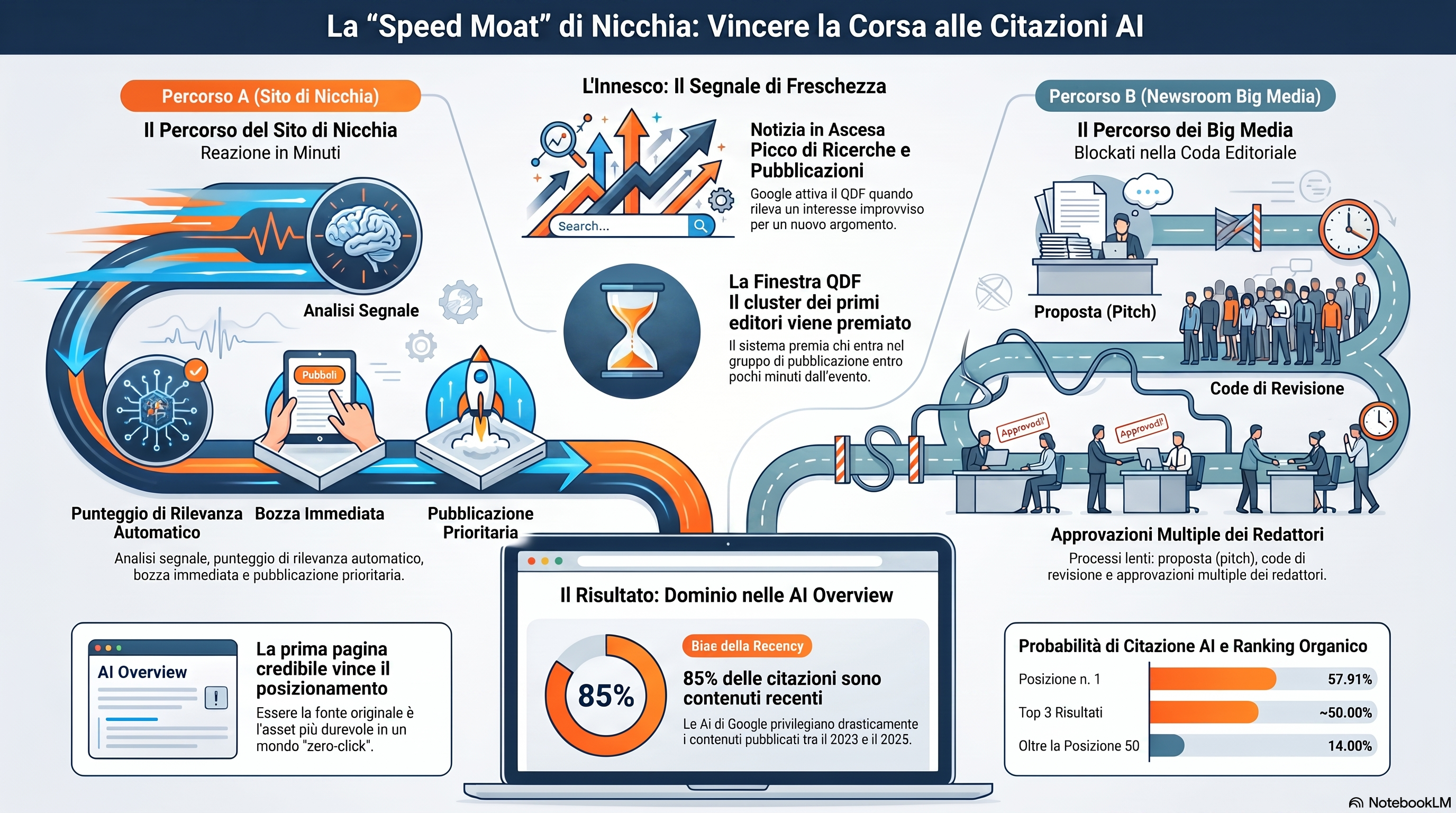 Infografica che mostra il fossato della velocità di nicchia: un tema in crescita attiva i sistemi di recency di Google, un sito di nicchia reagisce in pochi minuti mentre una grande redazione è ancora nella sua coda editoriale, e la prima pagina credibile cattura lo spazio di citazione di vertice nell'AI Overview, dove il risultato n. 1 è citato il 58% delle volte