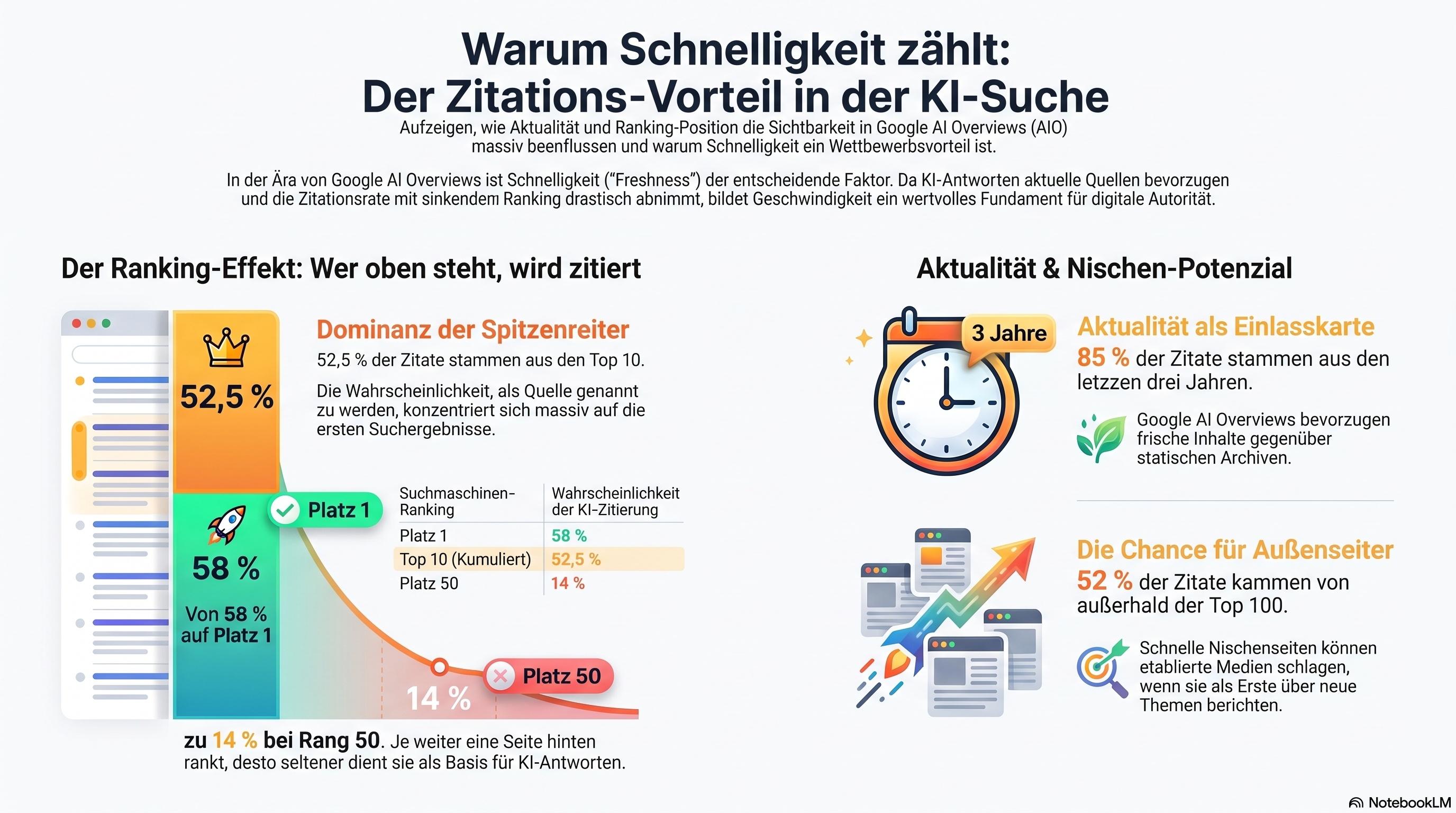 Infografik dazu, warum es sich auszahlt, Erster zu sein: Die AI-Overview-Zitationschance faellt von 58% auf Platz 1 auf 14% bei Rang 50, 52,5% der Zitate stammen aus den Top 10, 85% der Google-AI-Overview-Zitate stammen aus den letzten drei Jahren, und 52% von ausserhalb der Top 100