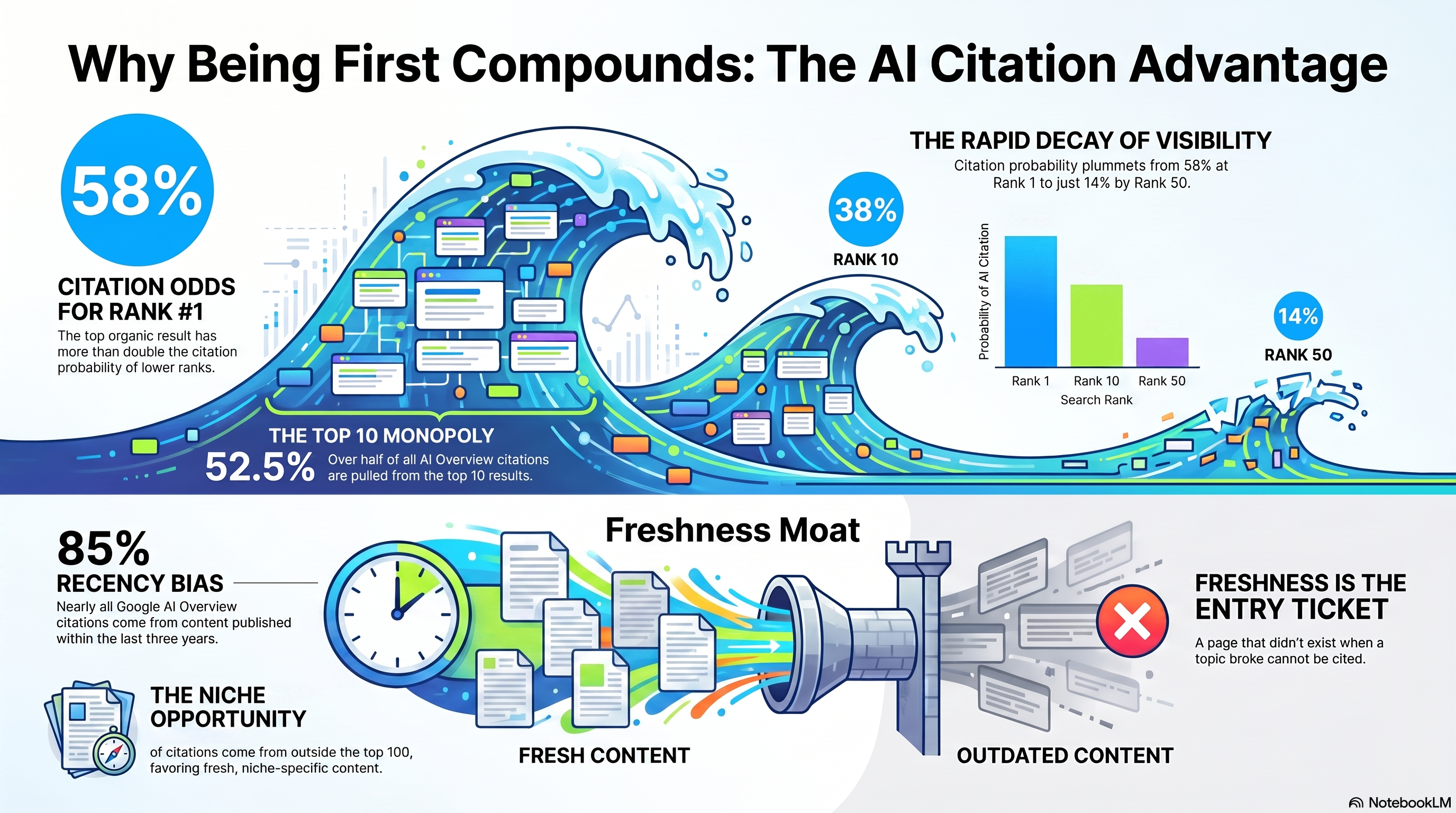Infographic on why being first compounds: AI Overview citation odds fall from 58% at rank one to 14% by rank 50, 52.5% of citations come from the top 10 results, 85% of Google AI Overview citations are from the last three years, and 52% come from outside the top 100