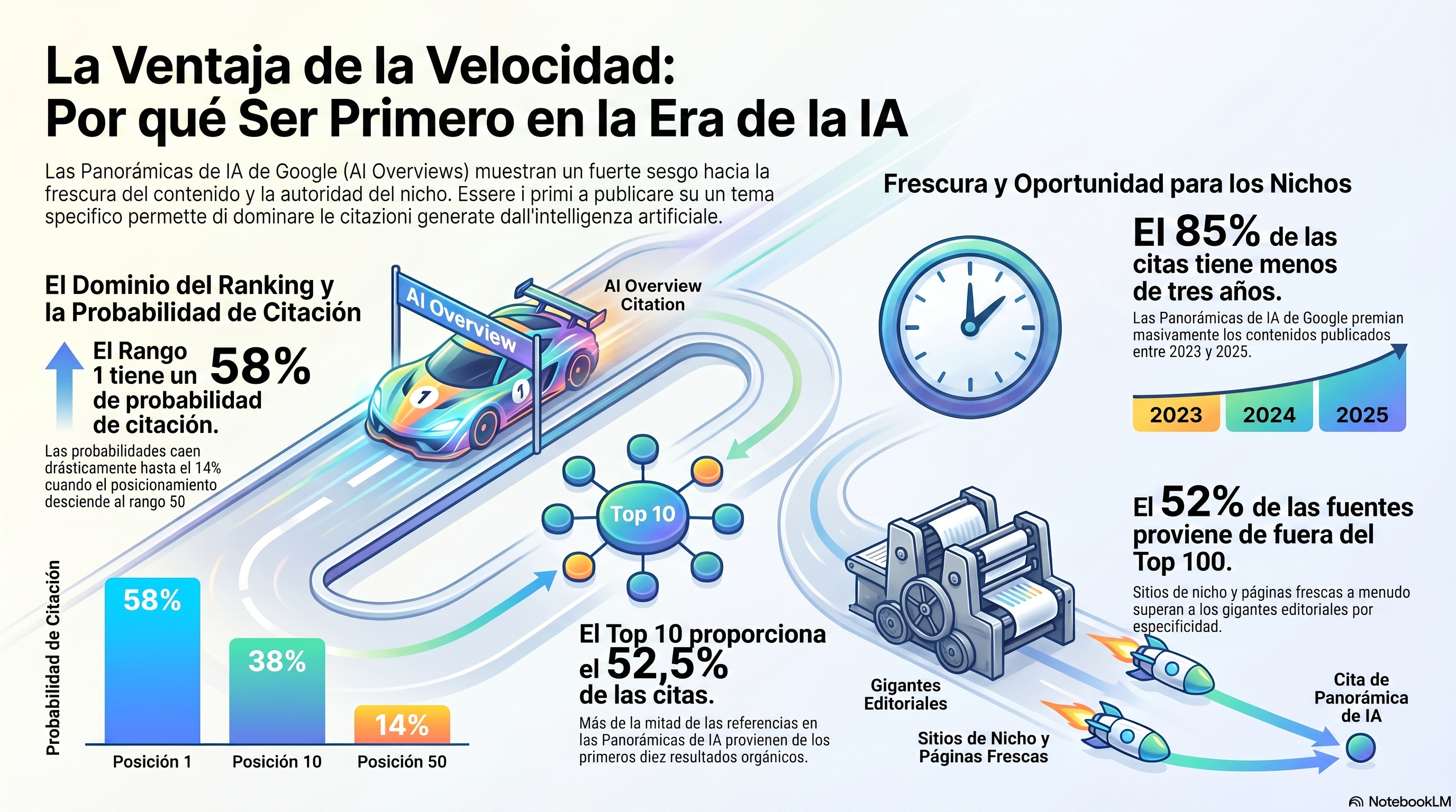 Infografía del manual de velocidad para el nicho: un sitio pequeño monitorea miles de feeds RSS, puntúa la relevancia, redacta en su voz y publica primero, convirtiendo la velocidad en un foso de autoridad que se acumula consulta tras consulta